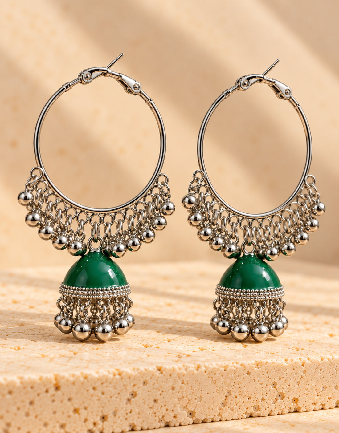 Orneza Silver-Tone Hoop Jhumka Earrings in Green — angle view