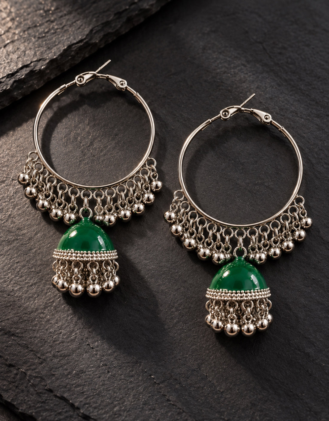 Orneza Silver-Tone Hoop Jhumka Earrings in Green — styled view