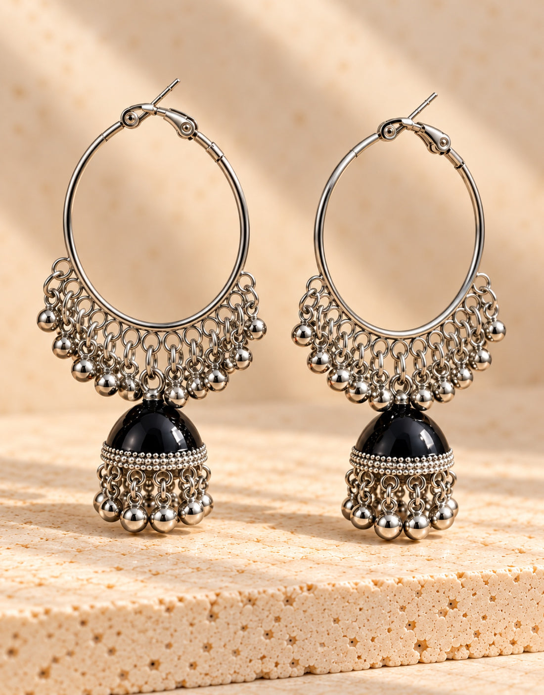 Orneza Silver-Tone Hoop Jhumka Earrings in Black — angle view