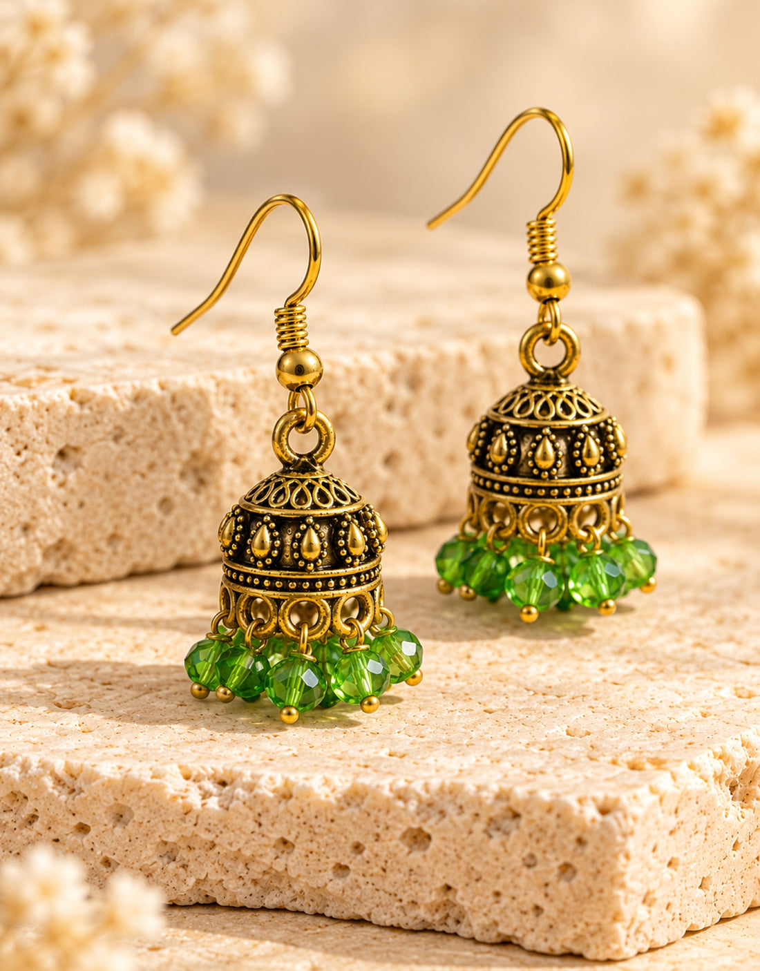 Orneza Antique Gold-Tone Mini Jhumka Earrings with Green Beads — angle view