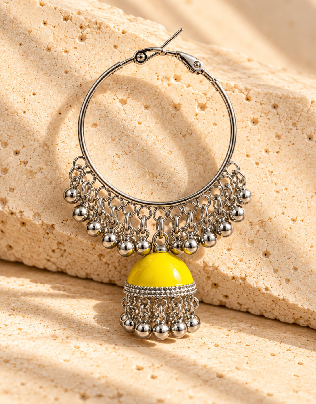 Orneza Silver-Tone Hoop Jhumka Earrings in Yellow — close-up detail