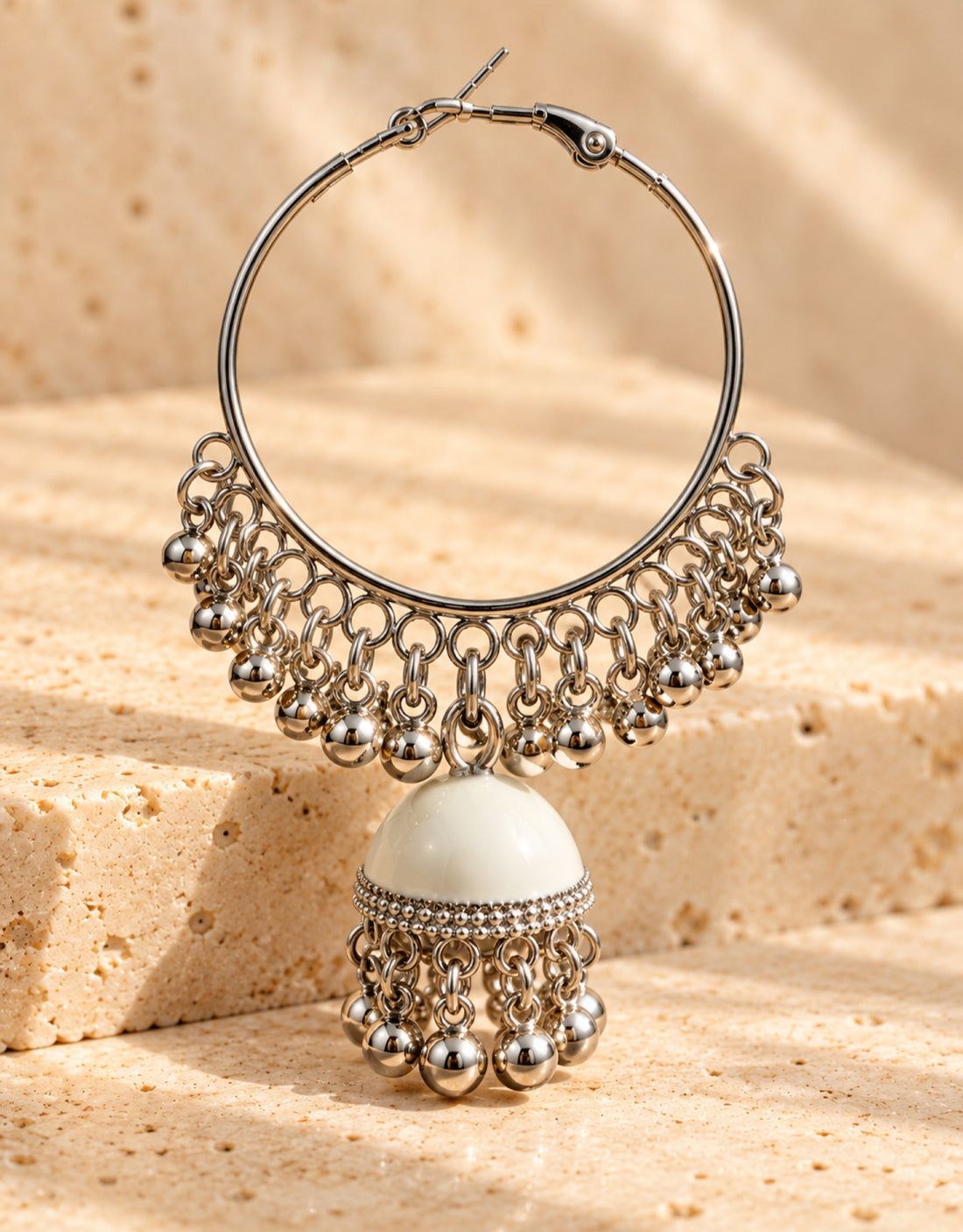 Orneza Silver-Tone Hoop Jhumka Earrings in White — close-up detail