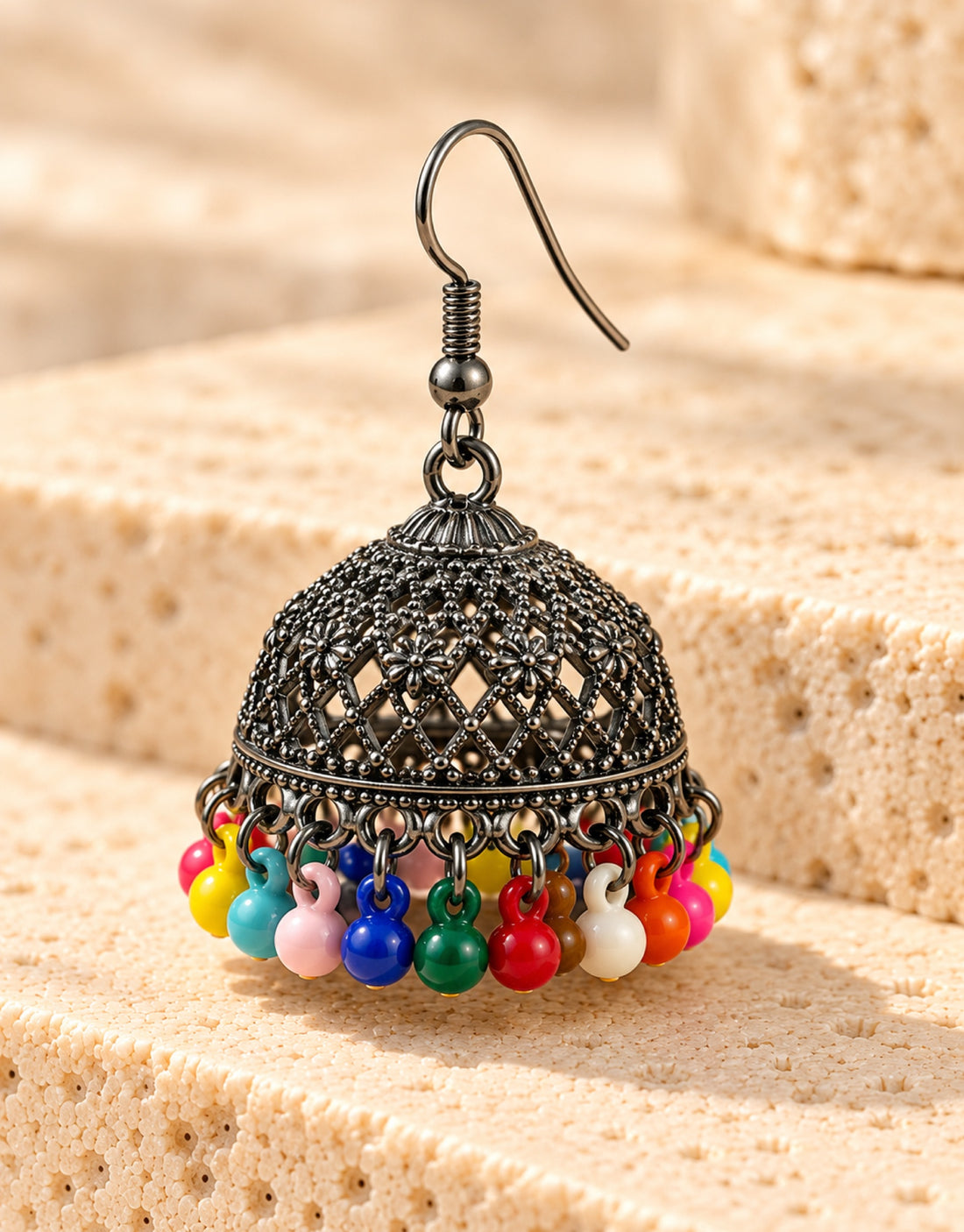 Orneza Oxidised Filigree Jhumka Earrings with Multicolour Beads — close-up detail