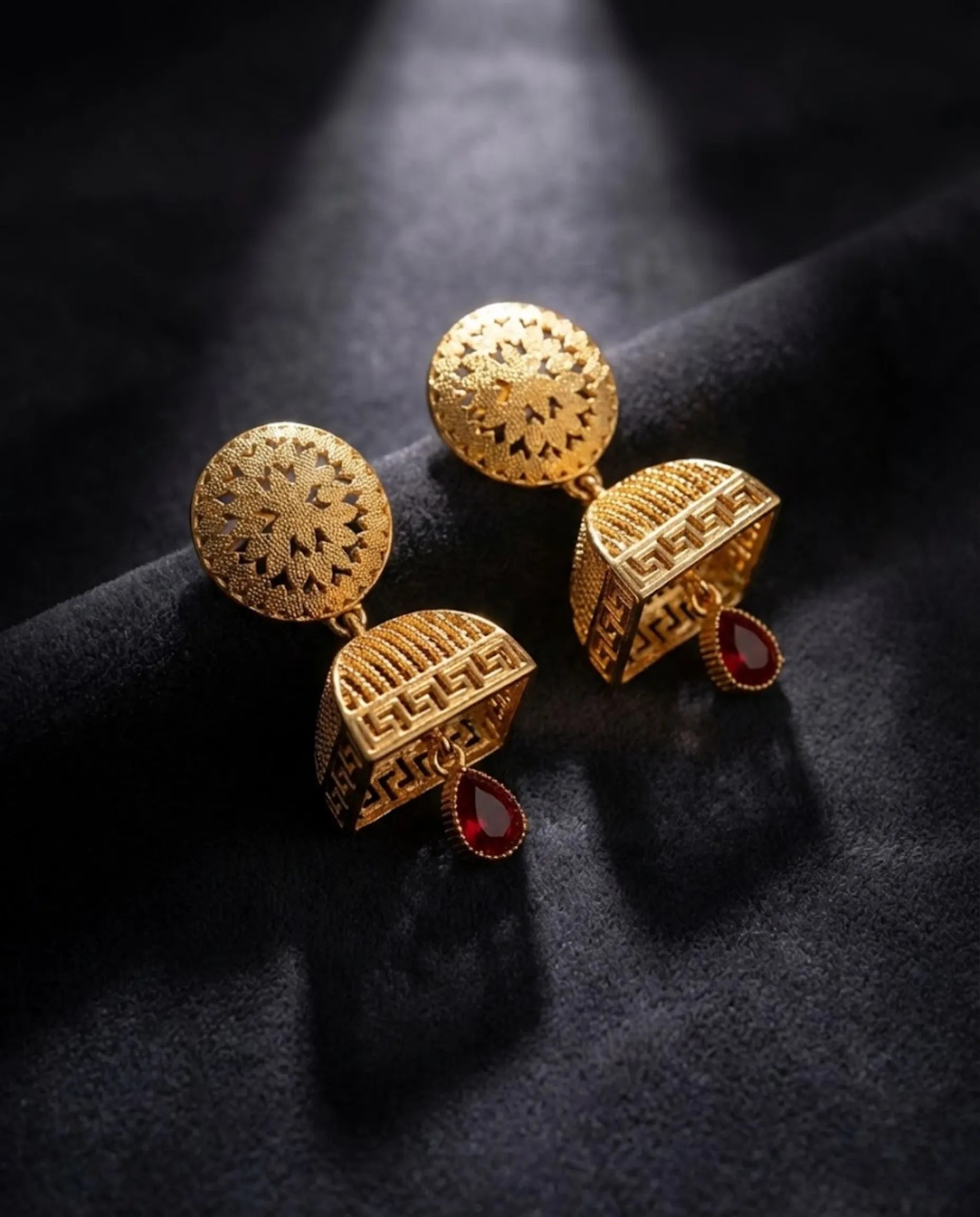 Orneza Gold Plated Square Jhumka Earrings with Ruby Drops