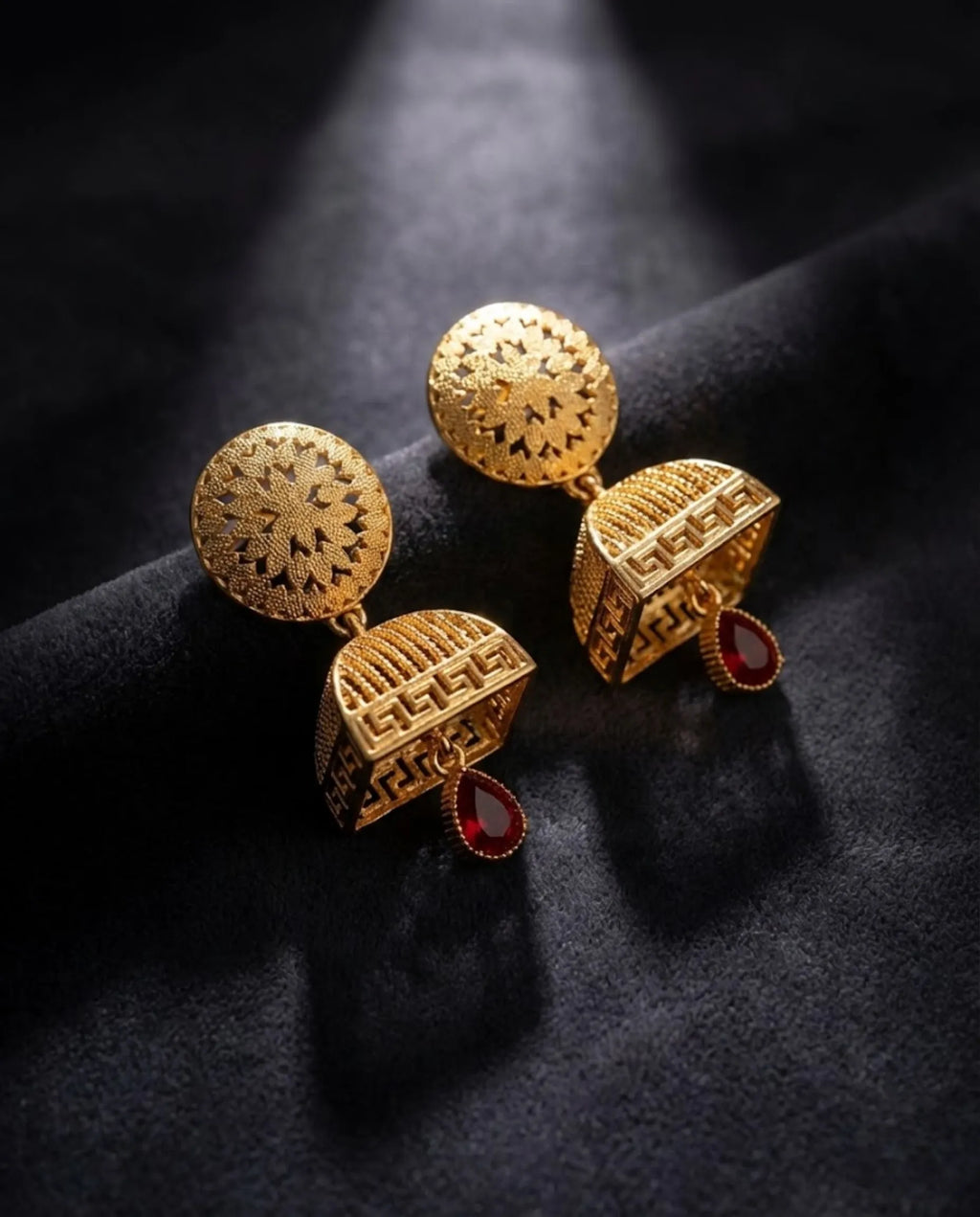 Orneza Gold Plated Square Jhumka Earrings with Ruby Drops