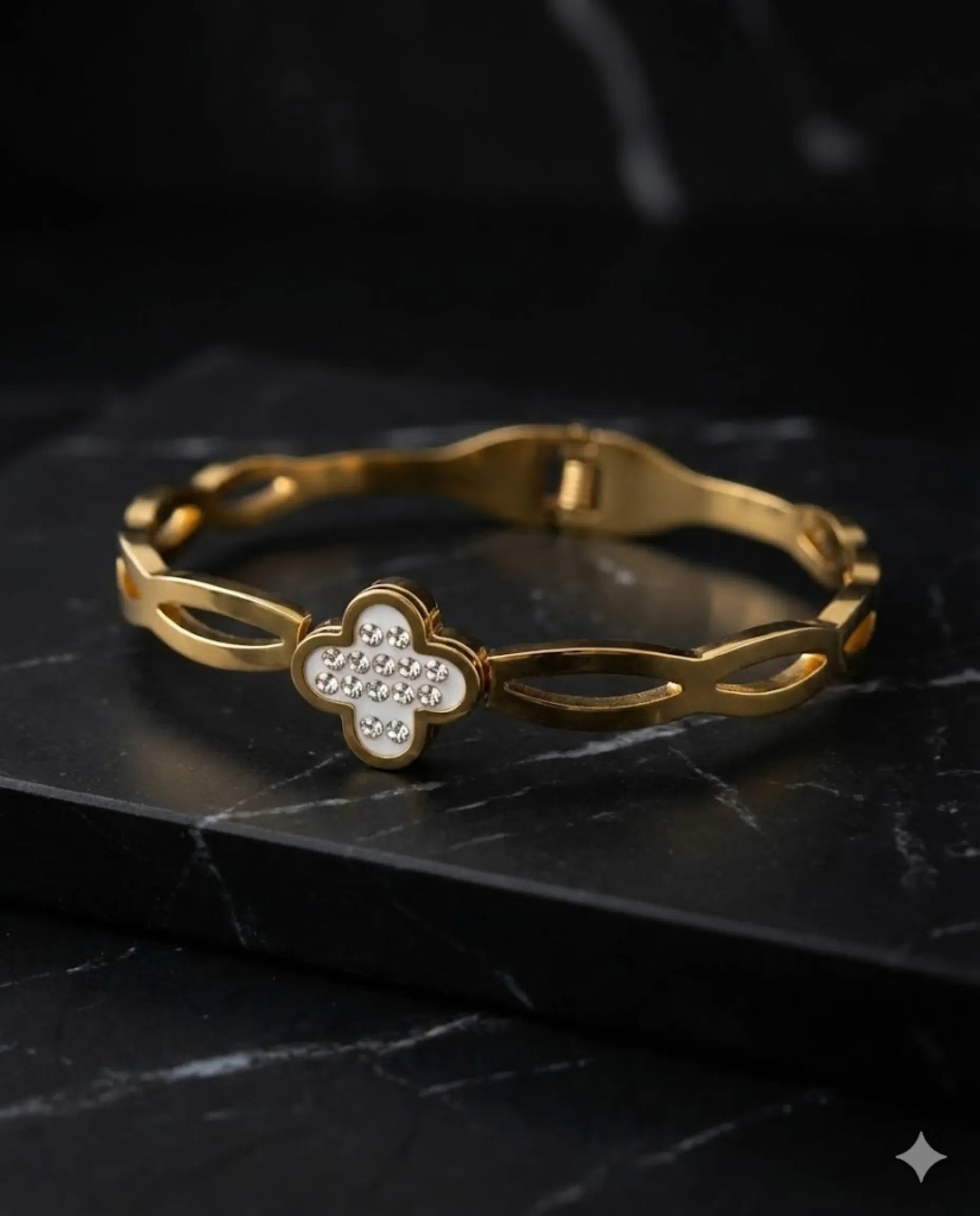 Orneza Gold Clover Crystal Bangle with Mother of Pearl Finish