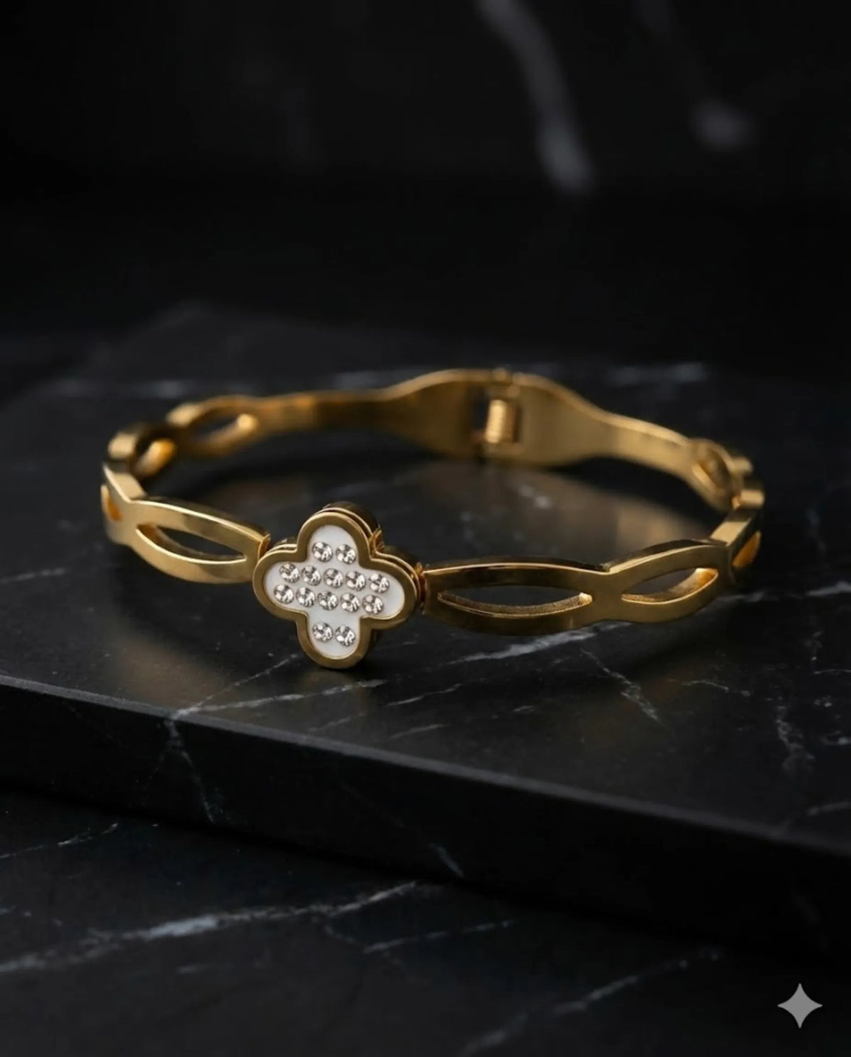 Orneza Gold Clover Crystal Bangle with Mother of Pearl Finish