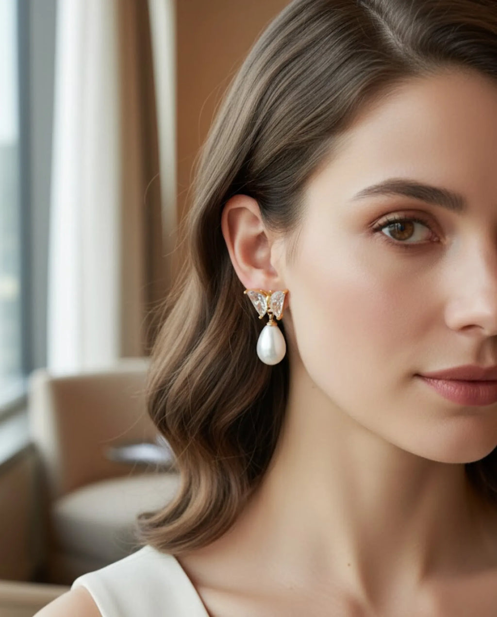 Orneza Crystal Butterfly Gold Drop Earrings with Teardrop Pearl