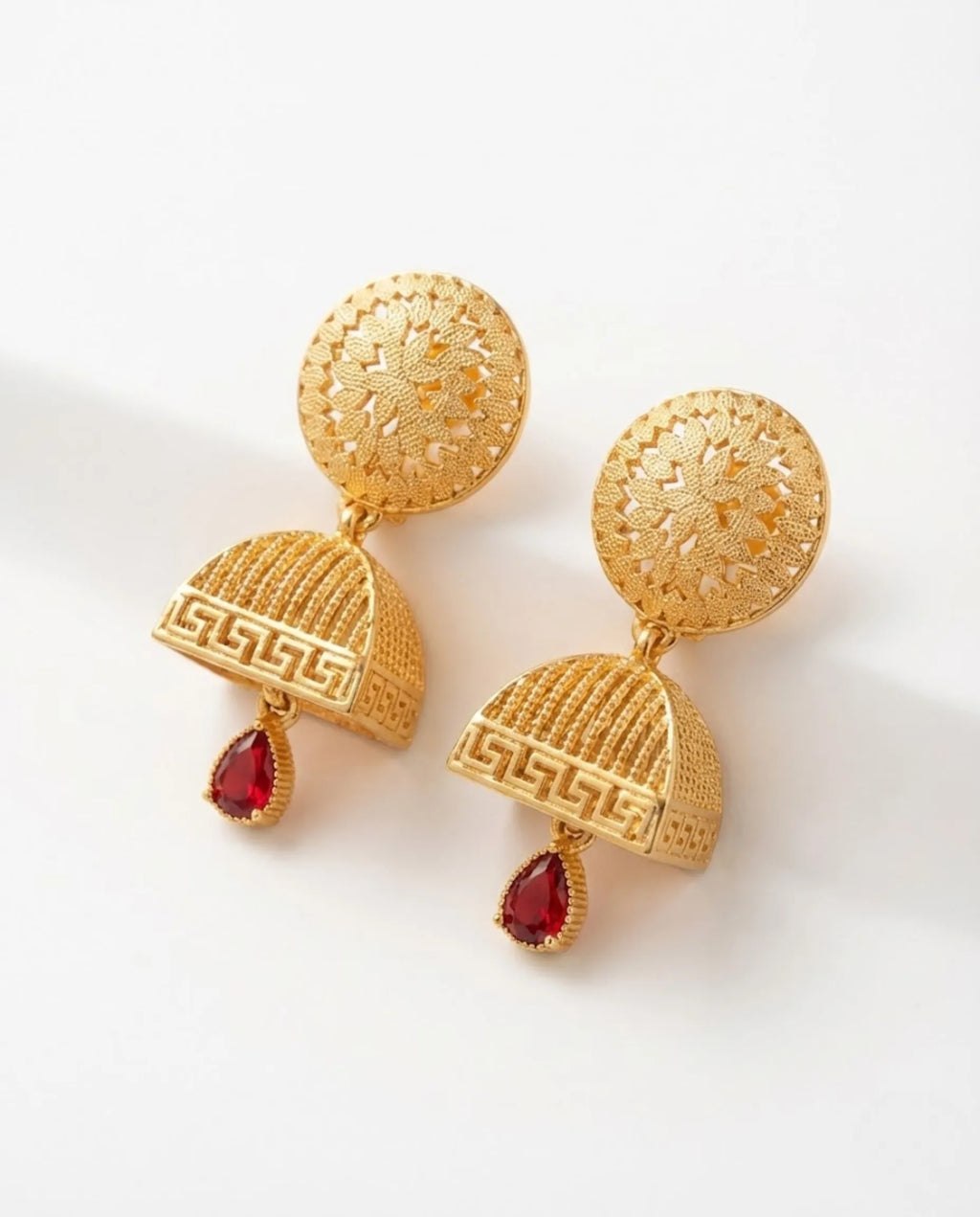 Orneza Gold Plated Square Jhumka Earrings with Ruby Drops
