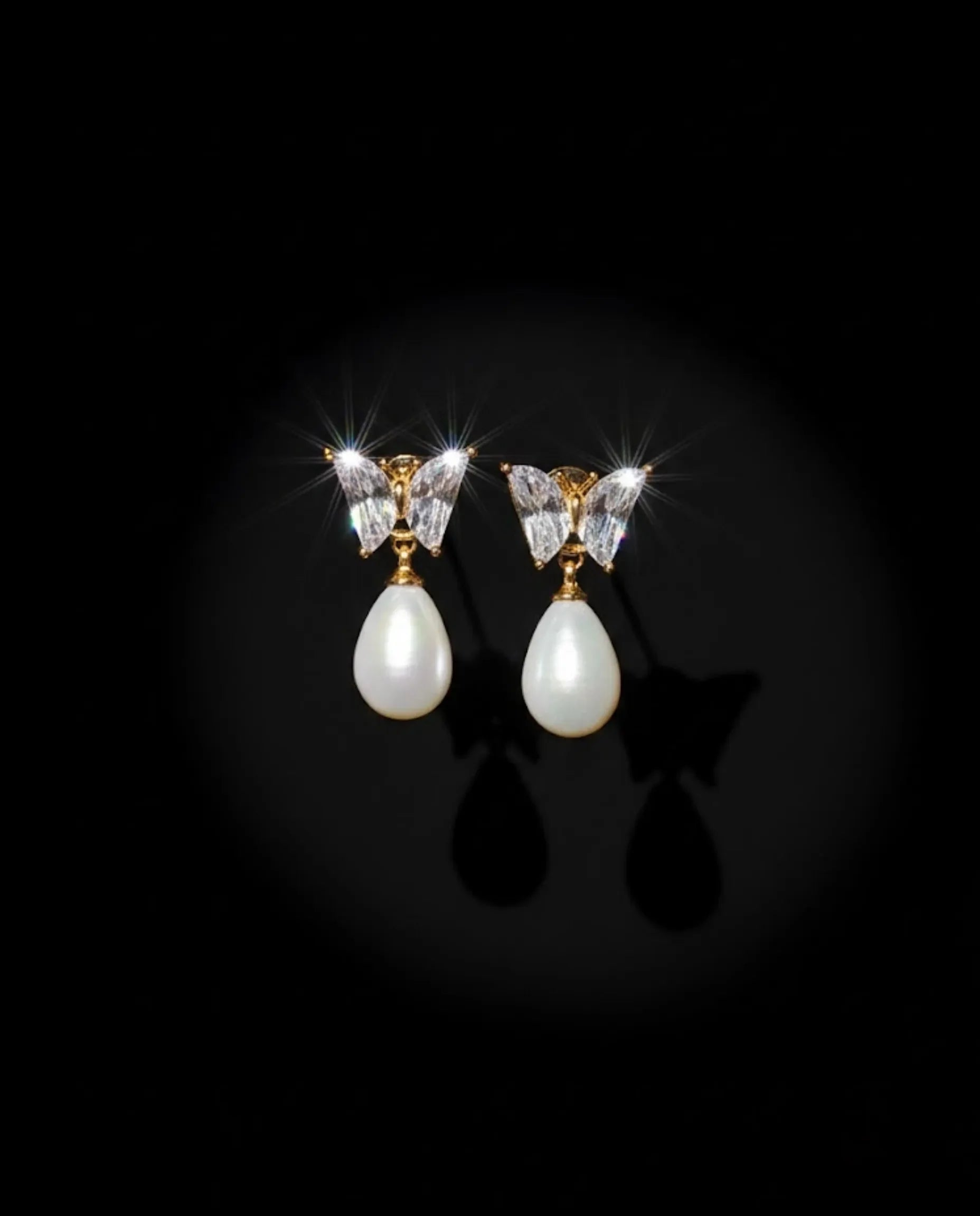 Orneza Crystal Butterfly Gold Drop Earrings with Teardrop Pearl