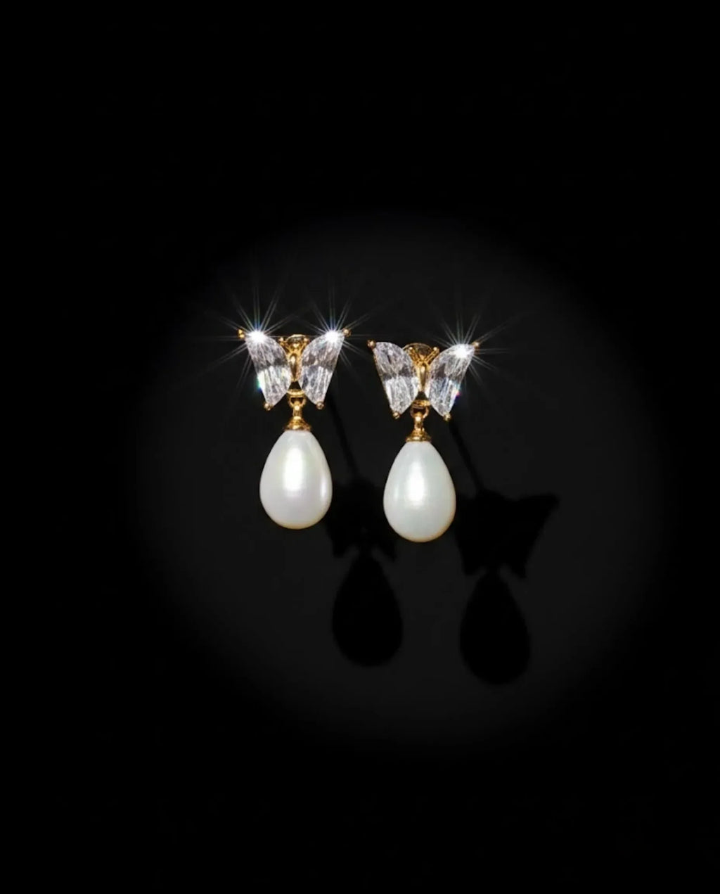 Orneza Crystal Butterfly Gold Drop Earrings with Teardrop Pearl