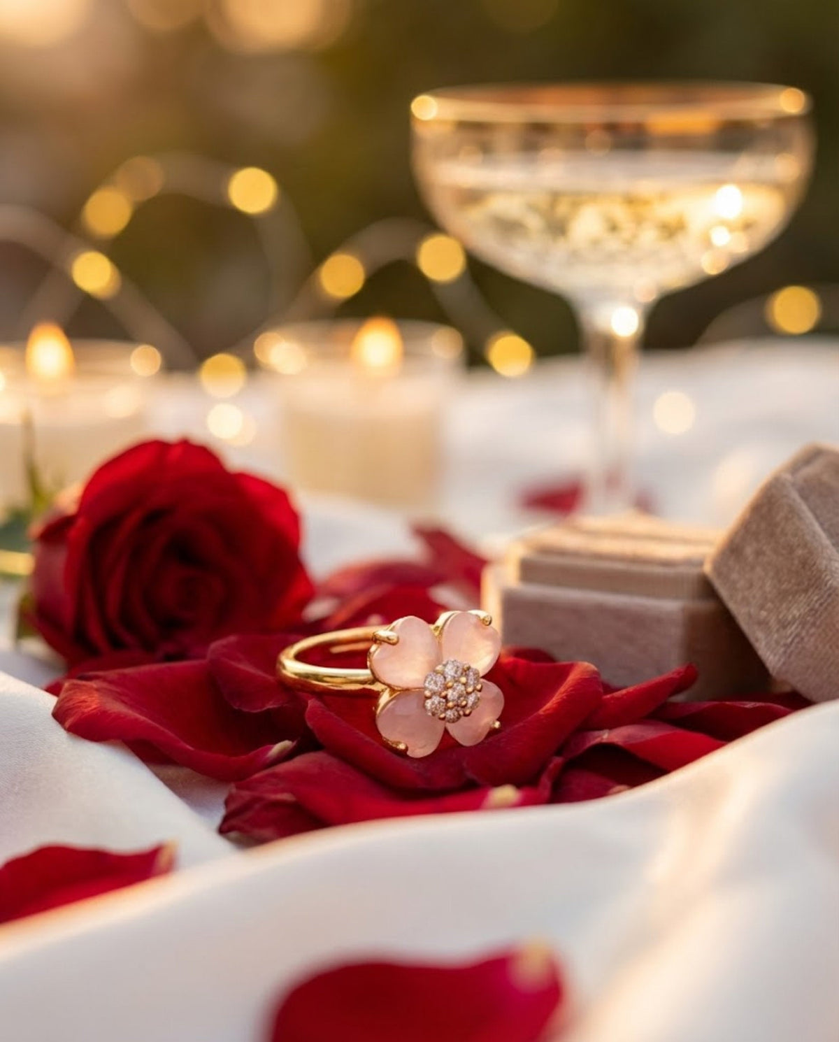Orneza Rose Quartz Clover Flower Gold Plated Ring