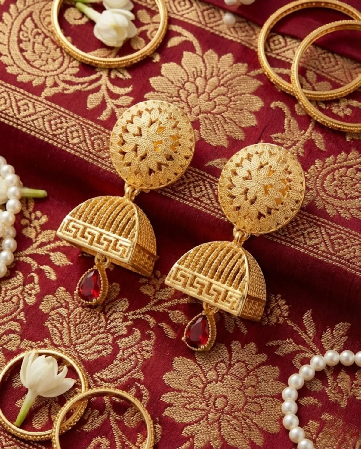Orneza Gold Plated Square Jhumka Earrings with Ruby Drops