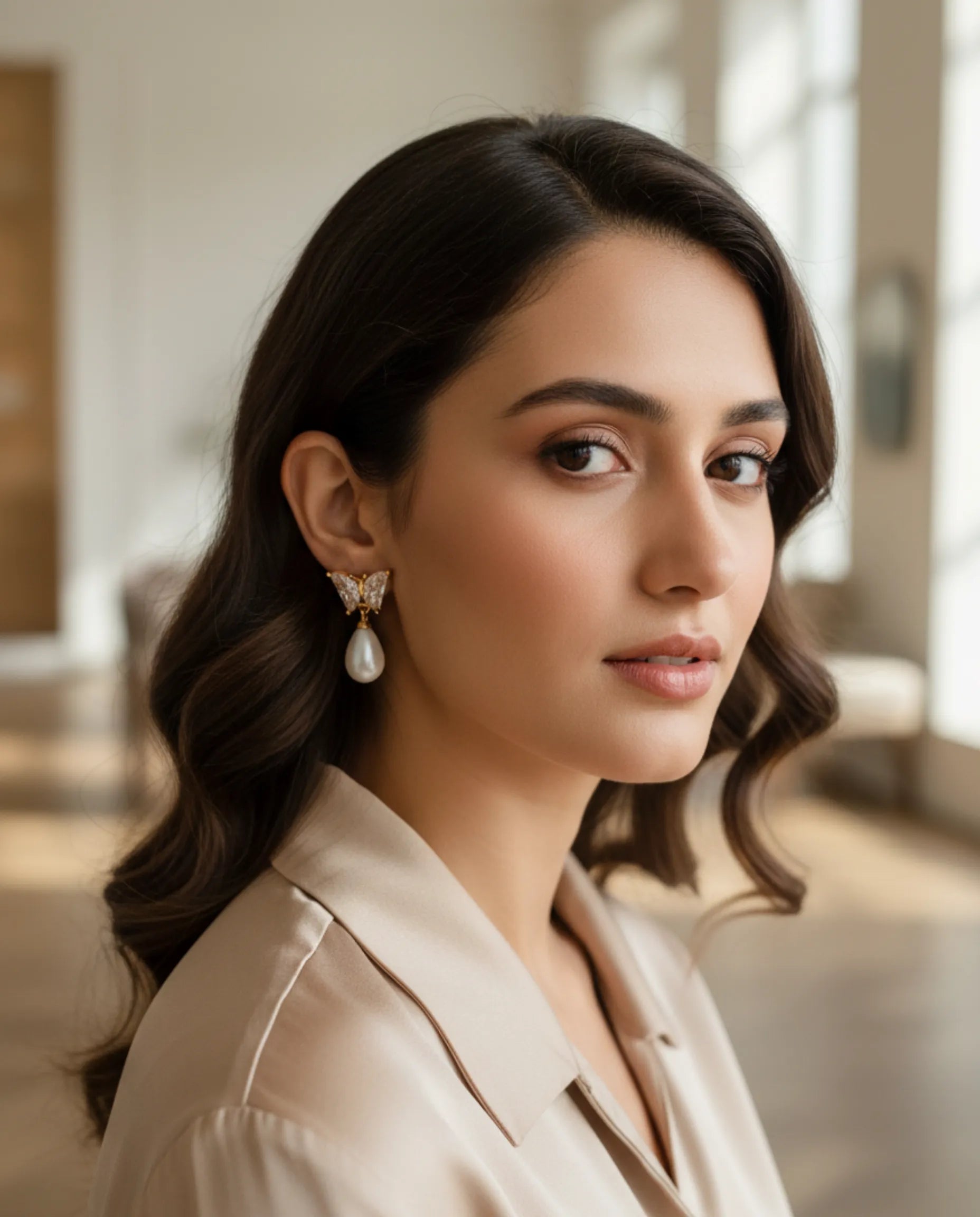 Orneza Crystal Butterfly Gold Drop Earrings with Teardrop Pearl