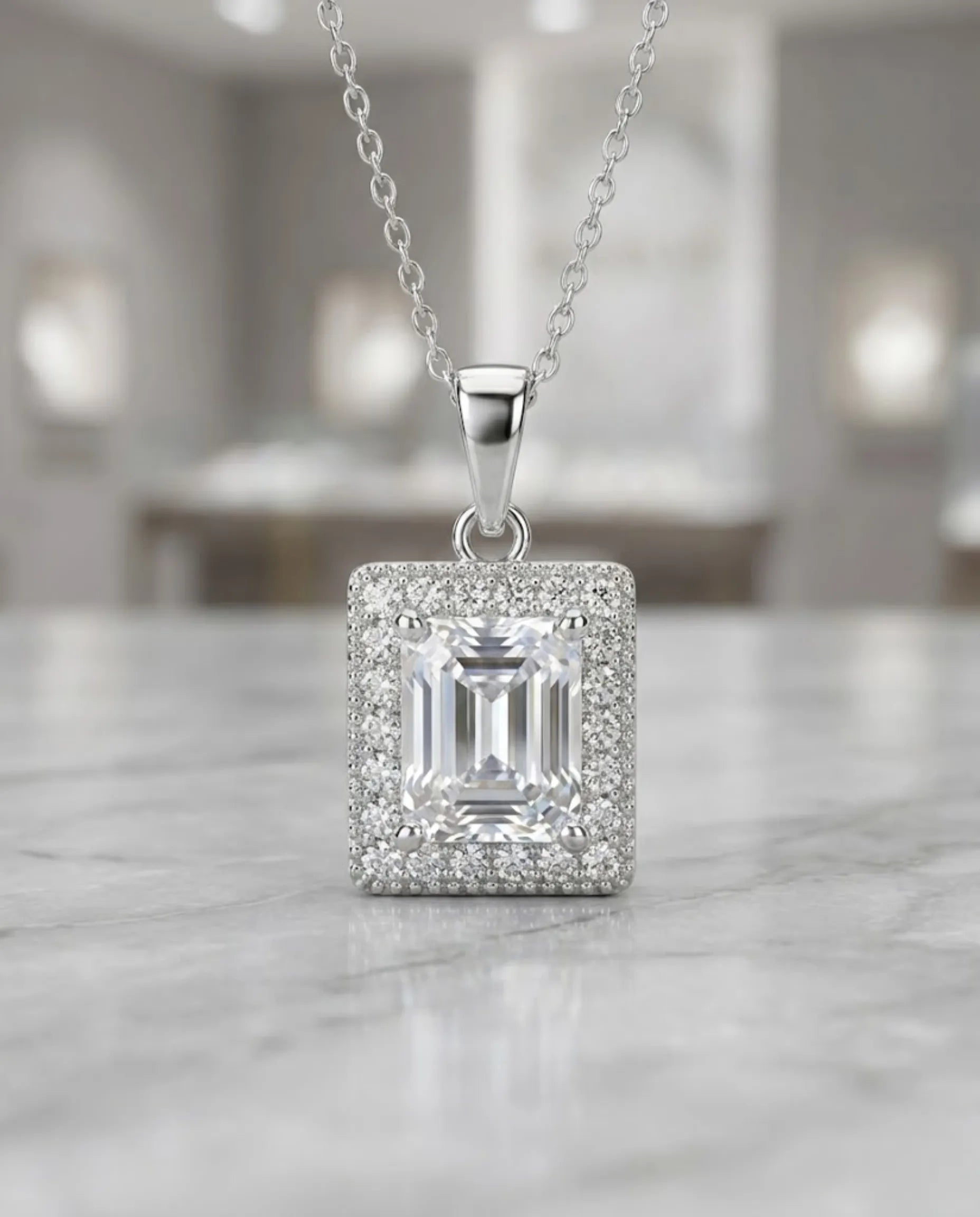 Orneza Silver Emerald Cut Zircon Halo Pendant Necklace