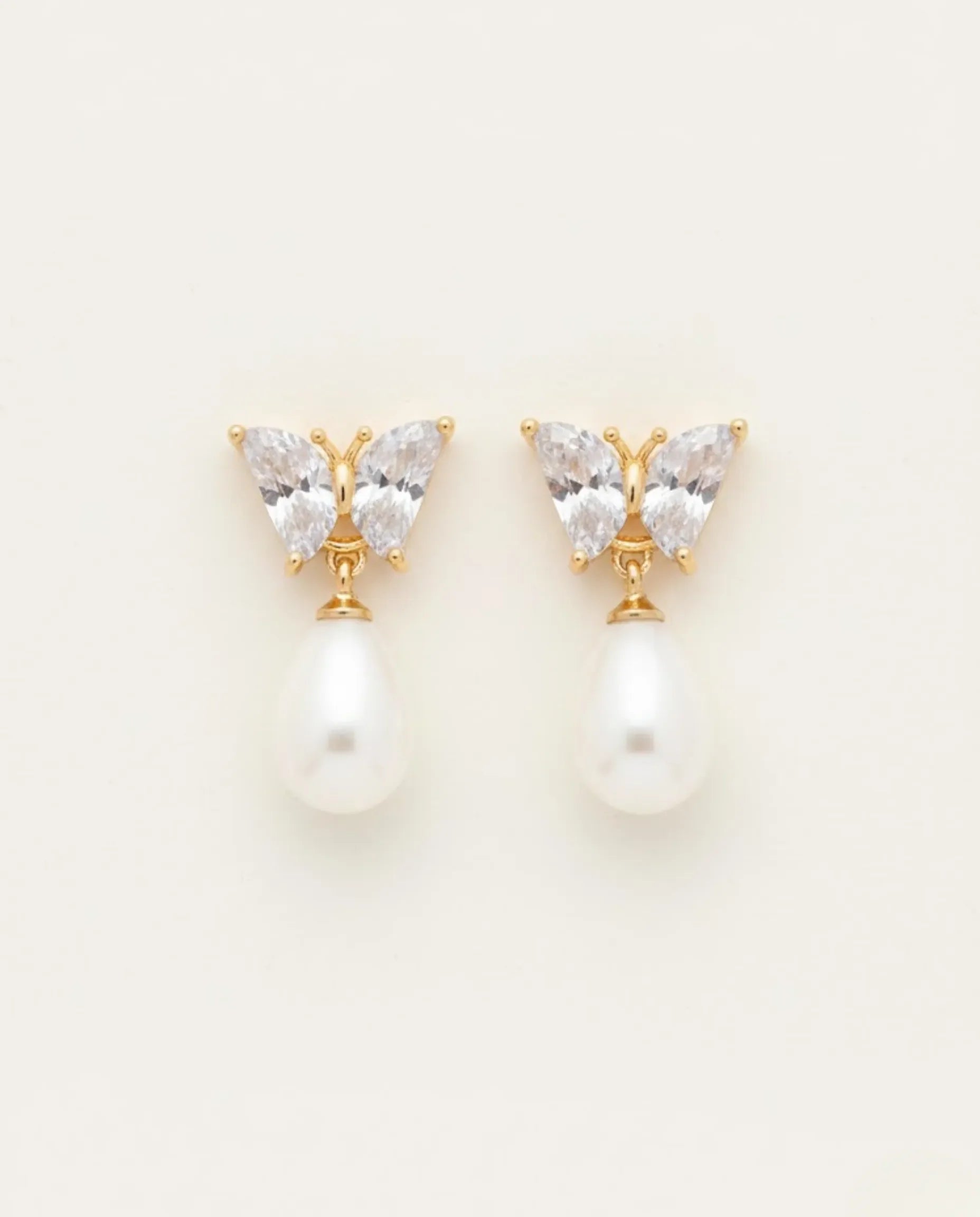 Orneza Crystal Butterfly Gold Drop Earrings with Teardrop Pearl