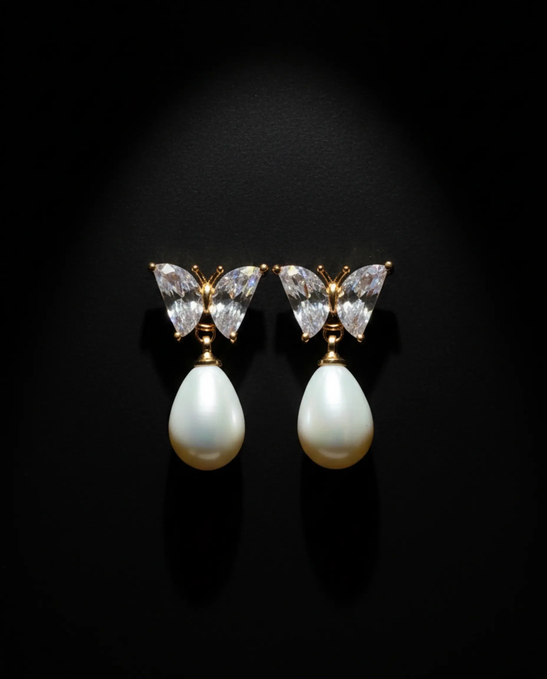 Orneza Crystal Butterfly Gold Drop Earrings with Teardrop Pearl