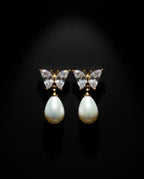Orneza Crystal Butterfly Gold Drop Earrings with Teardrop Pearl