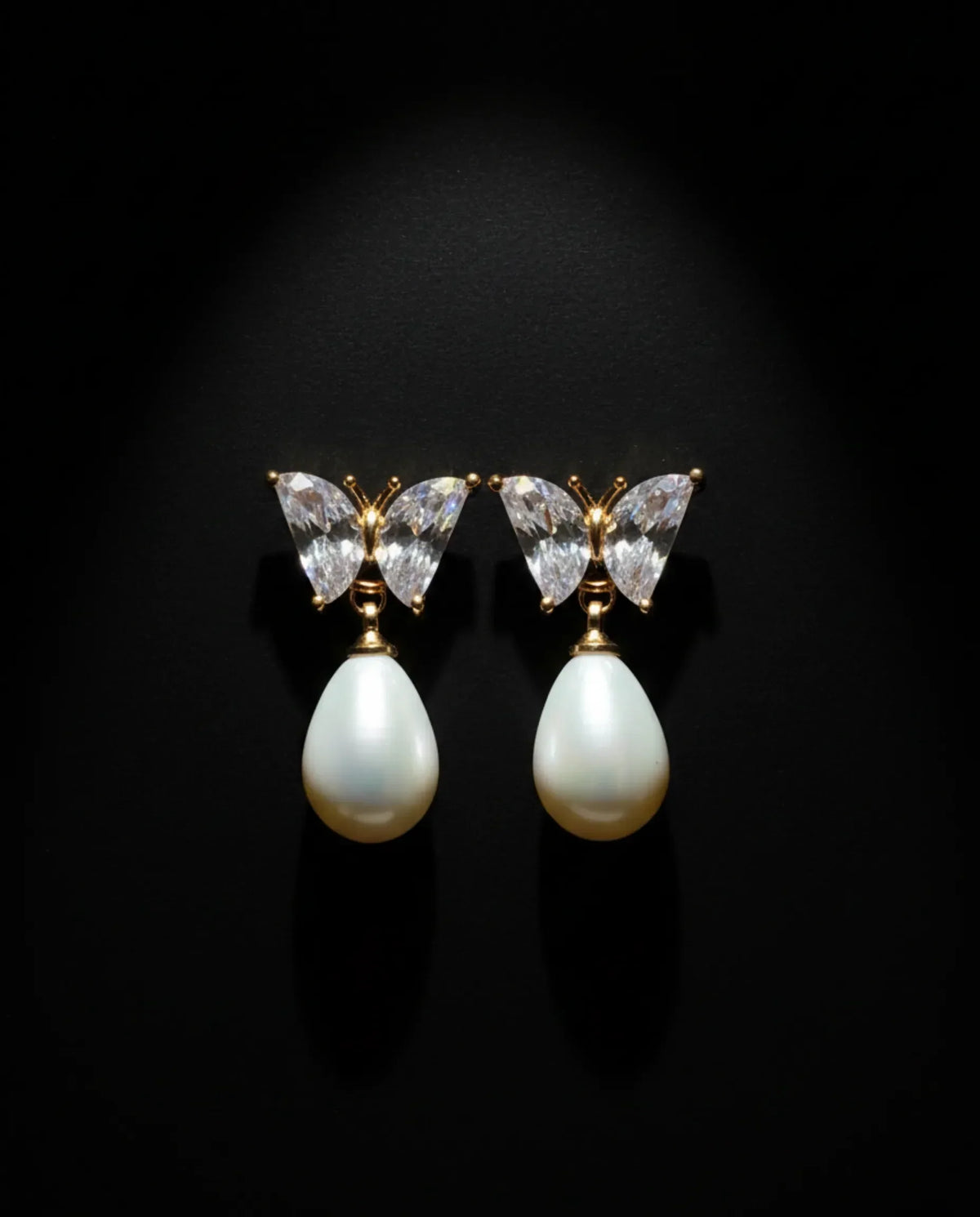 Orneza Crystal Butterfly Gold Drop Earrings with Teardrop Pearl