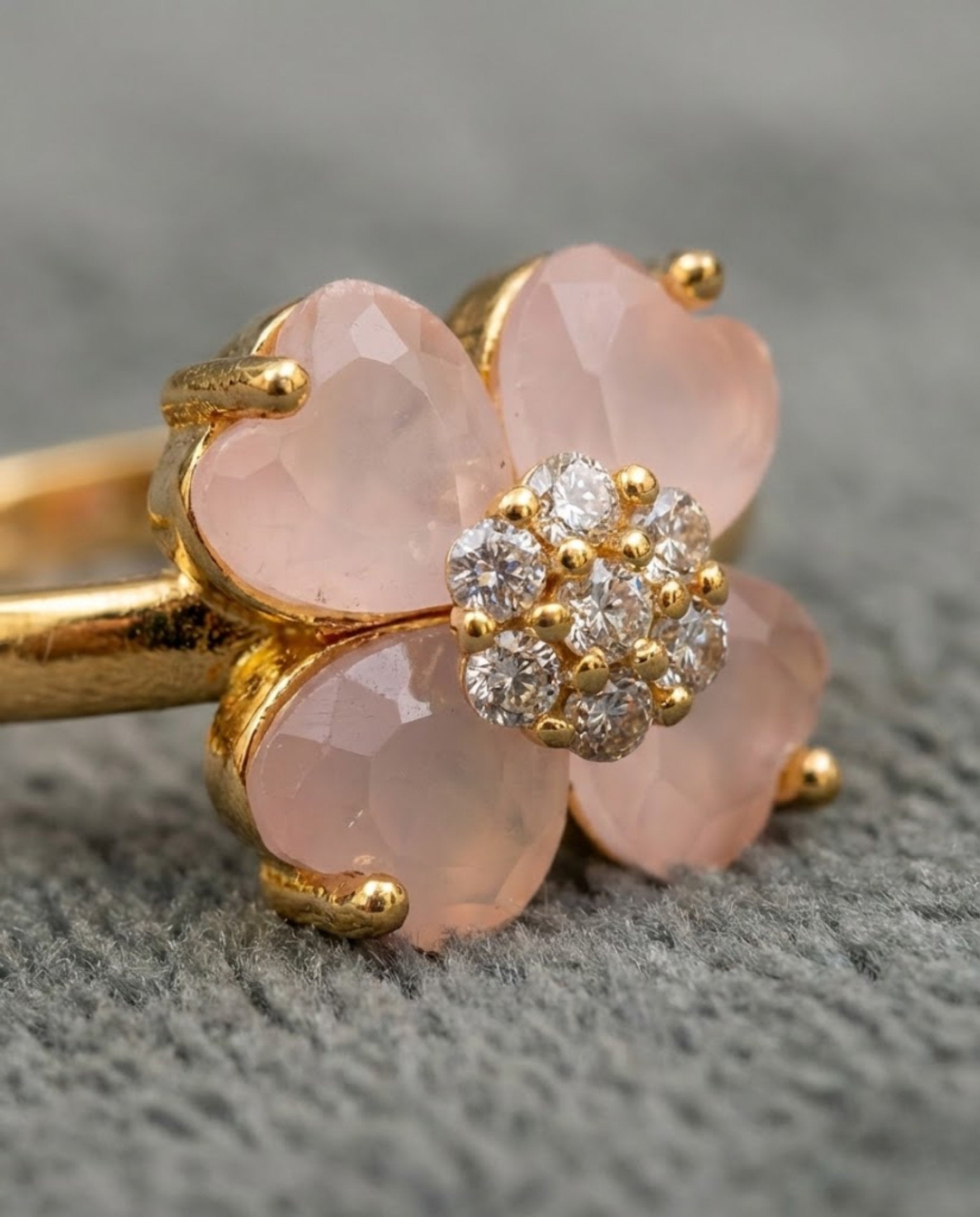 Orneza Rose Quartz Clover Flower Gold Plated Ring