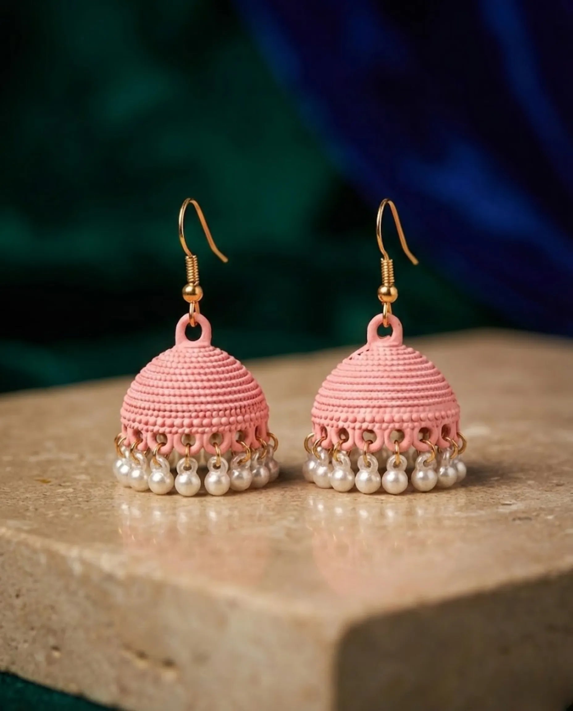 Orneza Blossom Pink Textured Jhumka Earrings with Pearls