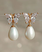 Orneza Crystal Butterfly Gold Drop Earrings with Teardrop Pearl