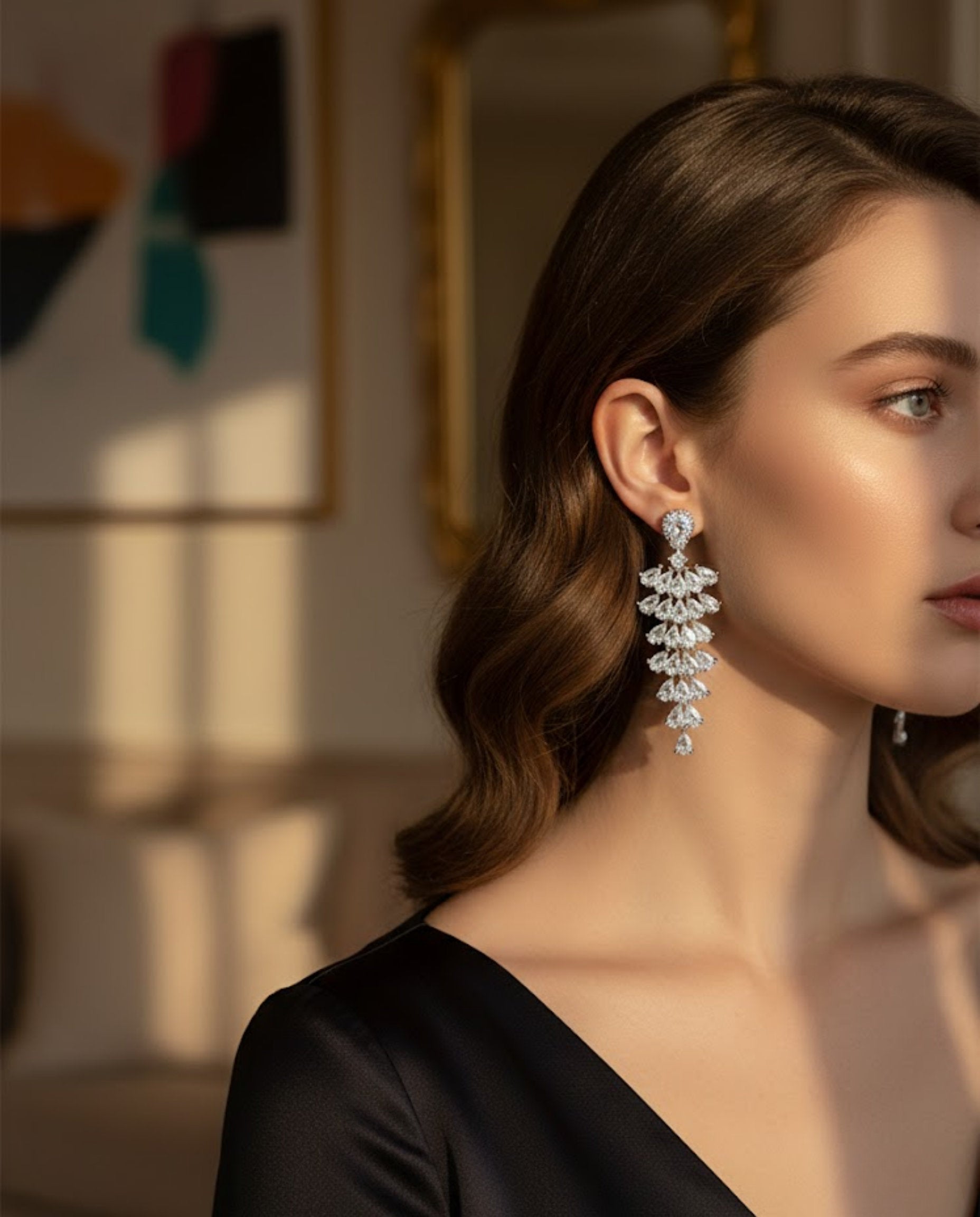 Orneza Silver Majestic Pear Drop Zirconia Chandelier Earrings