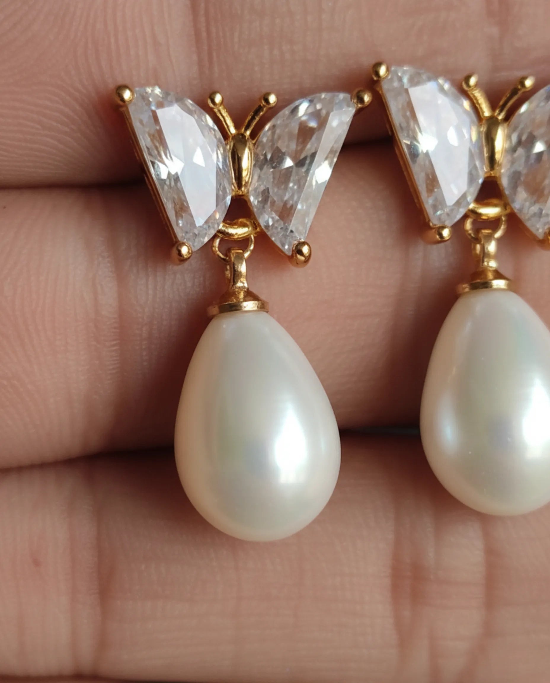 Orneza Crystal Butterfly Gold Drop Earrings with Teardrop Pearl
