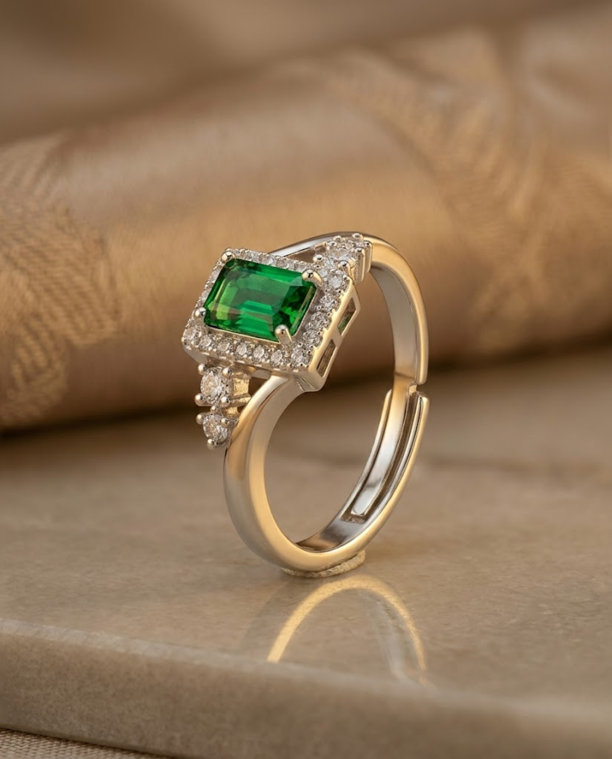 Orneza Emerald Green Zirconia Silver Halo Statement Ring