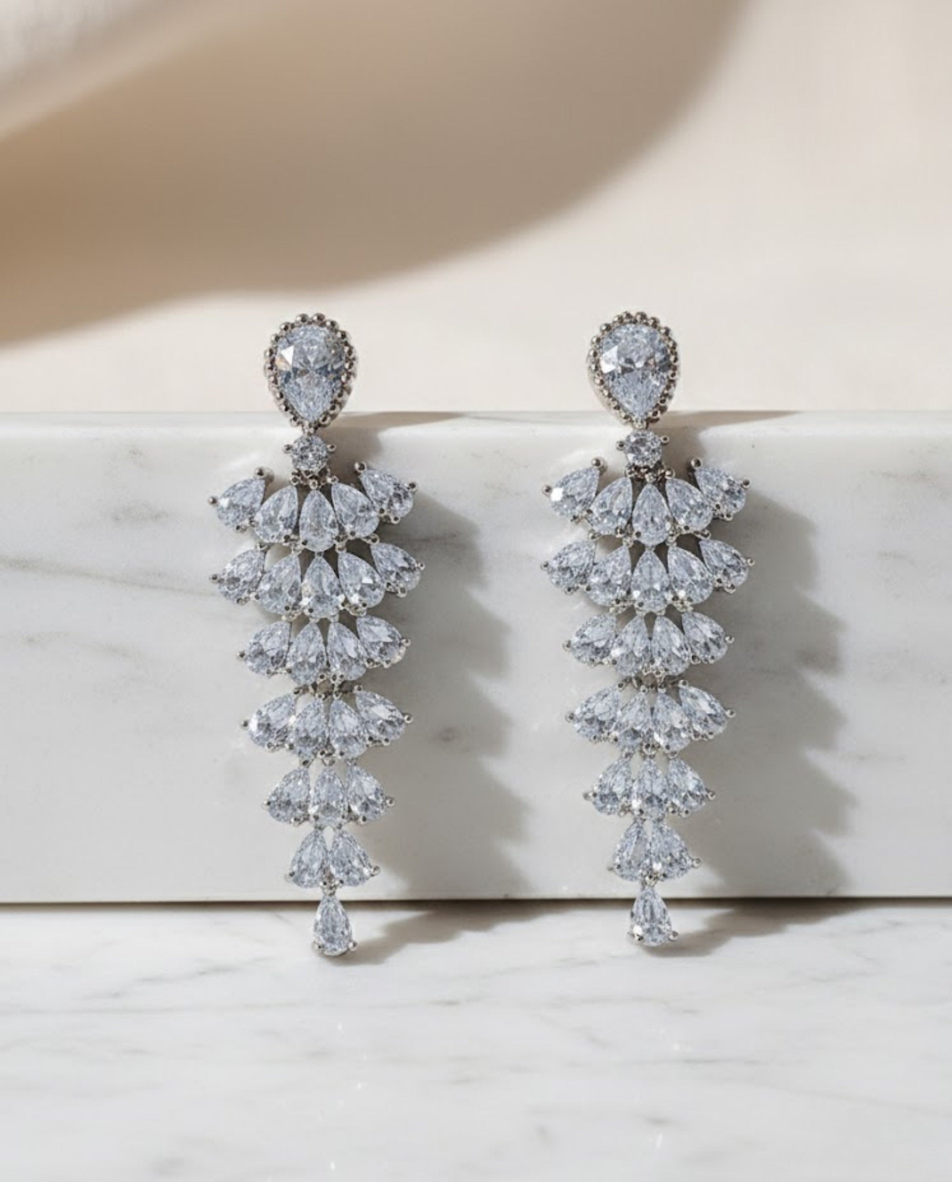 Orneza Silver Majestic Pear Drop Zirconia Chandelier Earrings