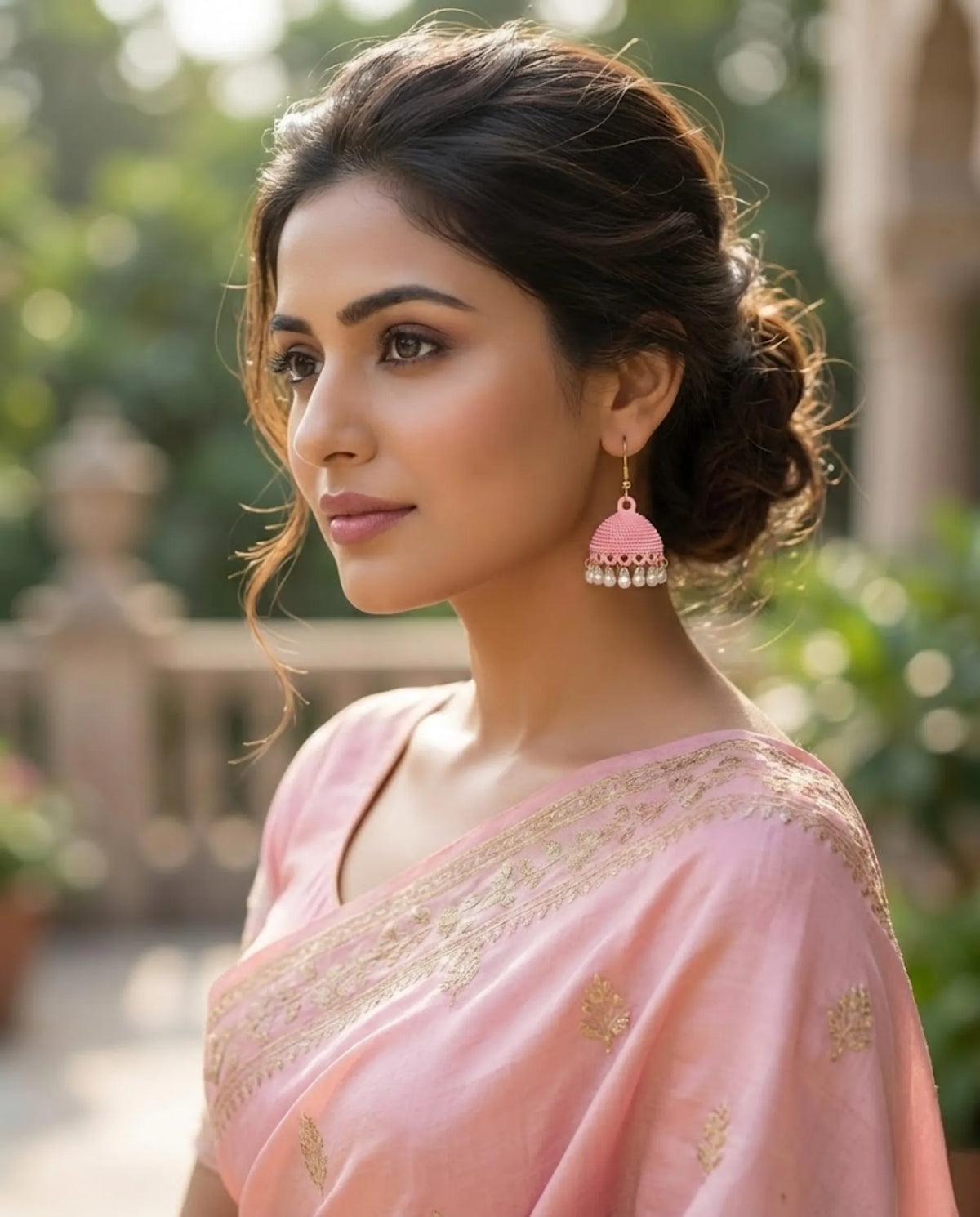 Orneza Blossom Pink Textured Jhumka Earrings with Pearls