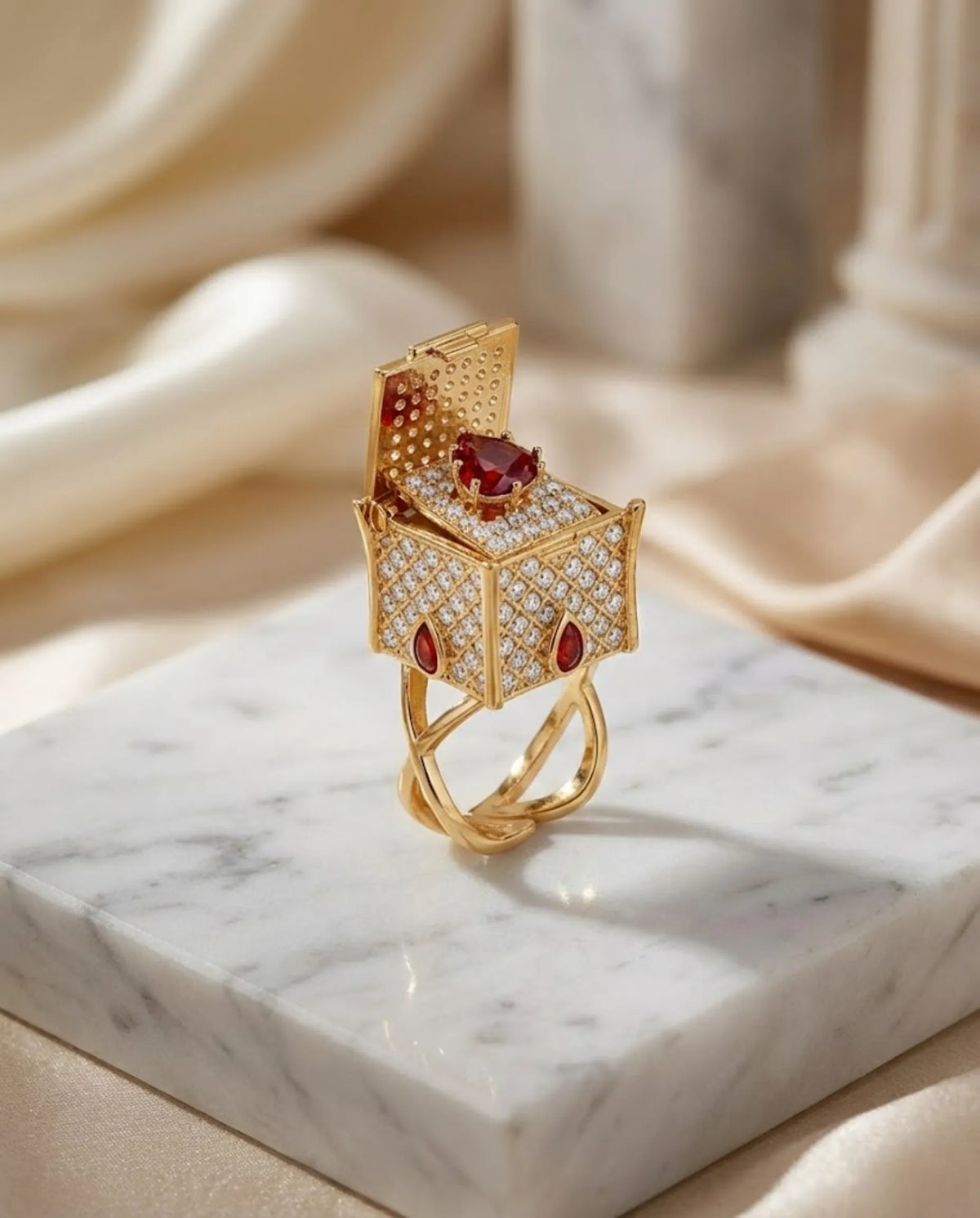 Orneza Royal Box Ring with Heart Ruby and Pavé Crystals