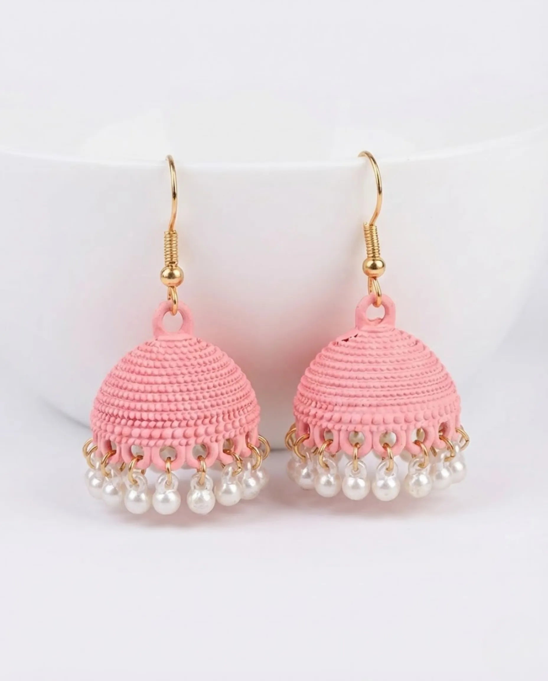 Orneza Blossom Pink Textured Jhumka Earrings with Pearls
