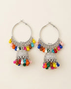 Orneza Silver Oxidized Hoop Jhumka Earrings with Beads