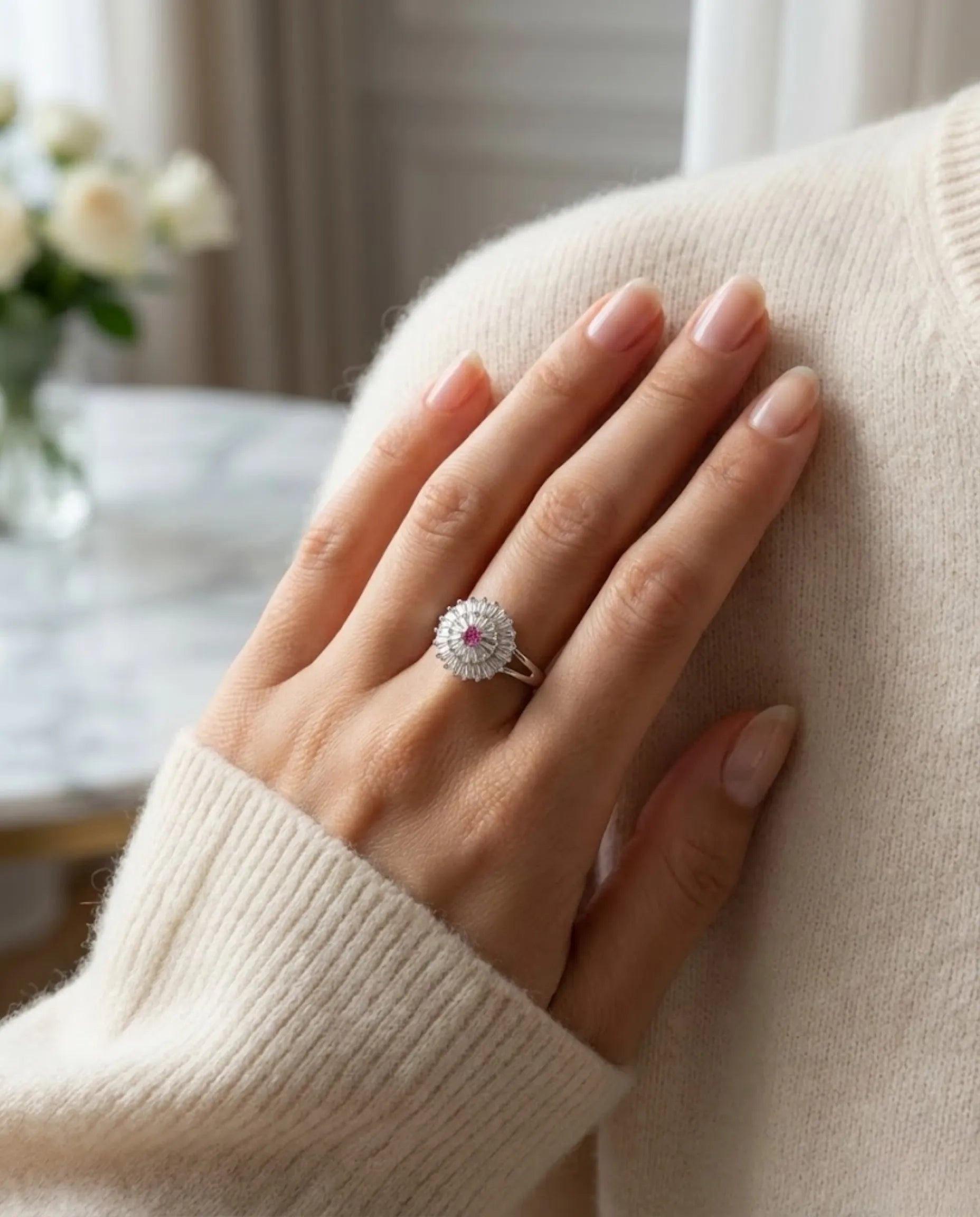 Orneza Rose Sunburst Baguette Crystal Silver Ring