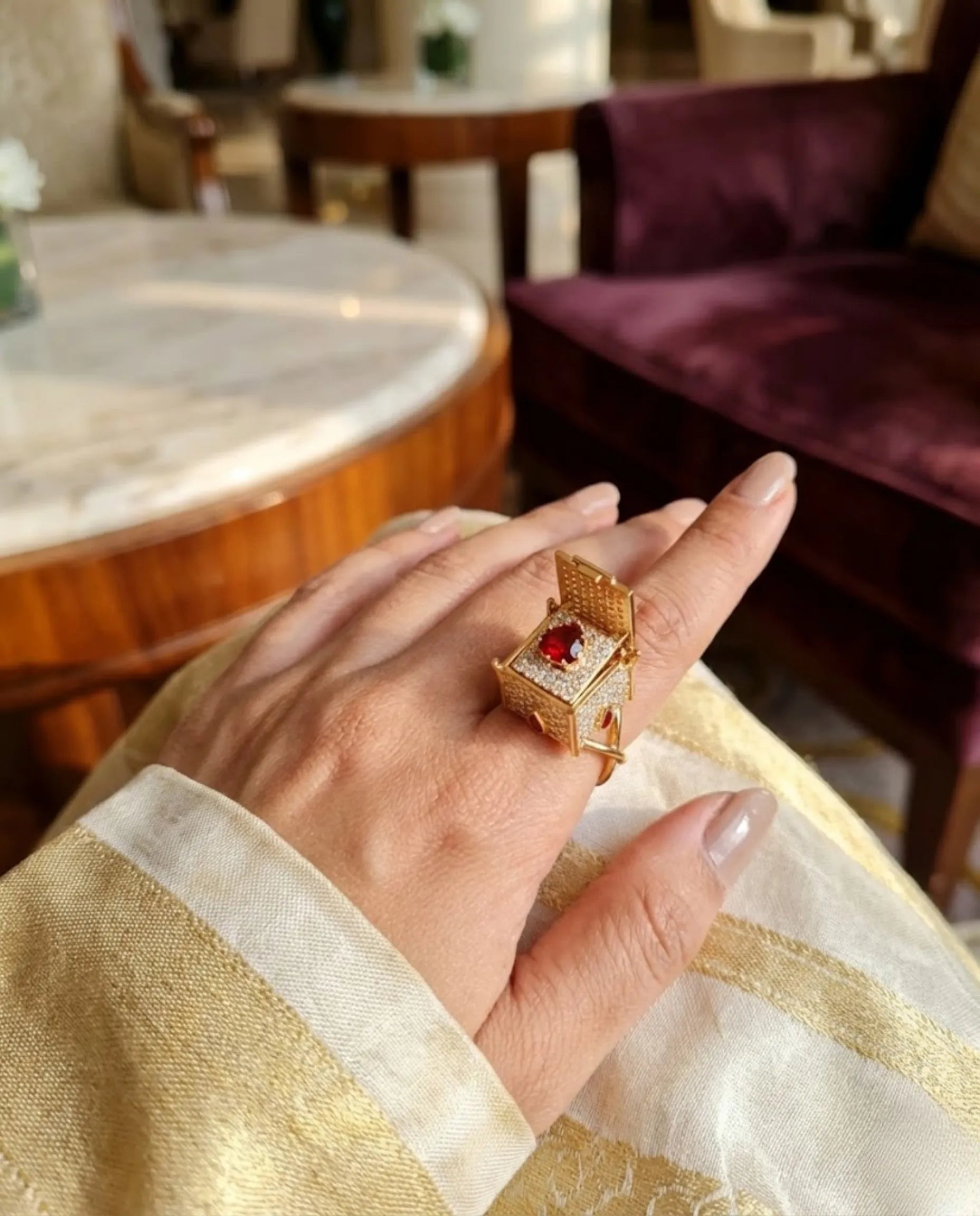 Orneza Royal Box Ring with Heart Ruby and Pavé Crystals