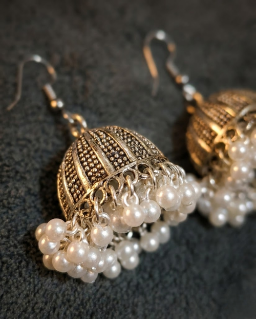 Antique Silver Pearl Jhumka Earrings by Orneza