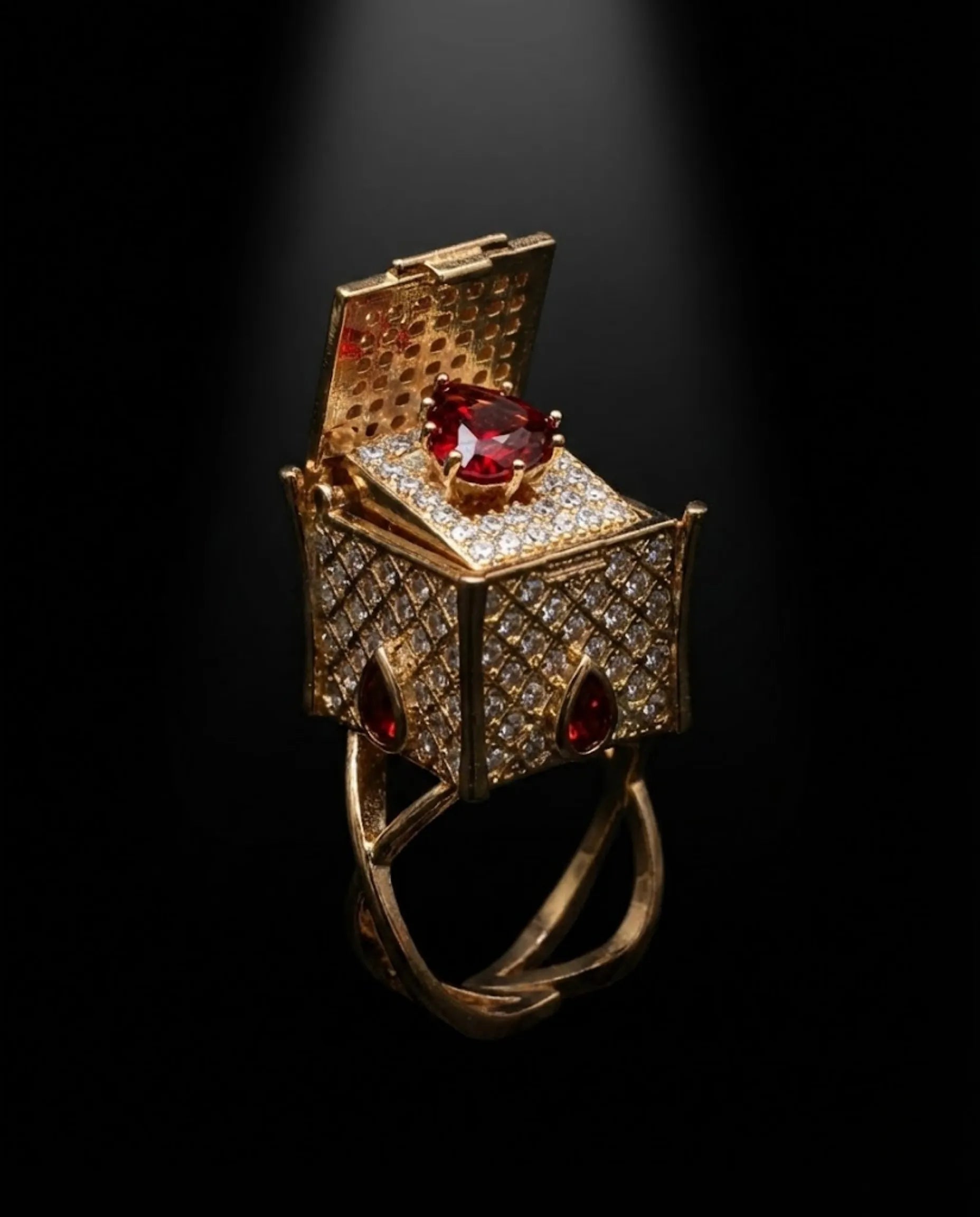 Orneza Royal Box Ring with Heart Ruby and Pavé Crystals