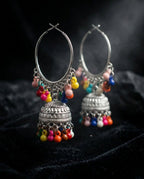 Orneza Silver Oxidized Hoop Jhumka Earrings with Beads