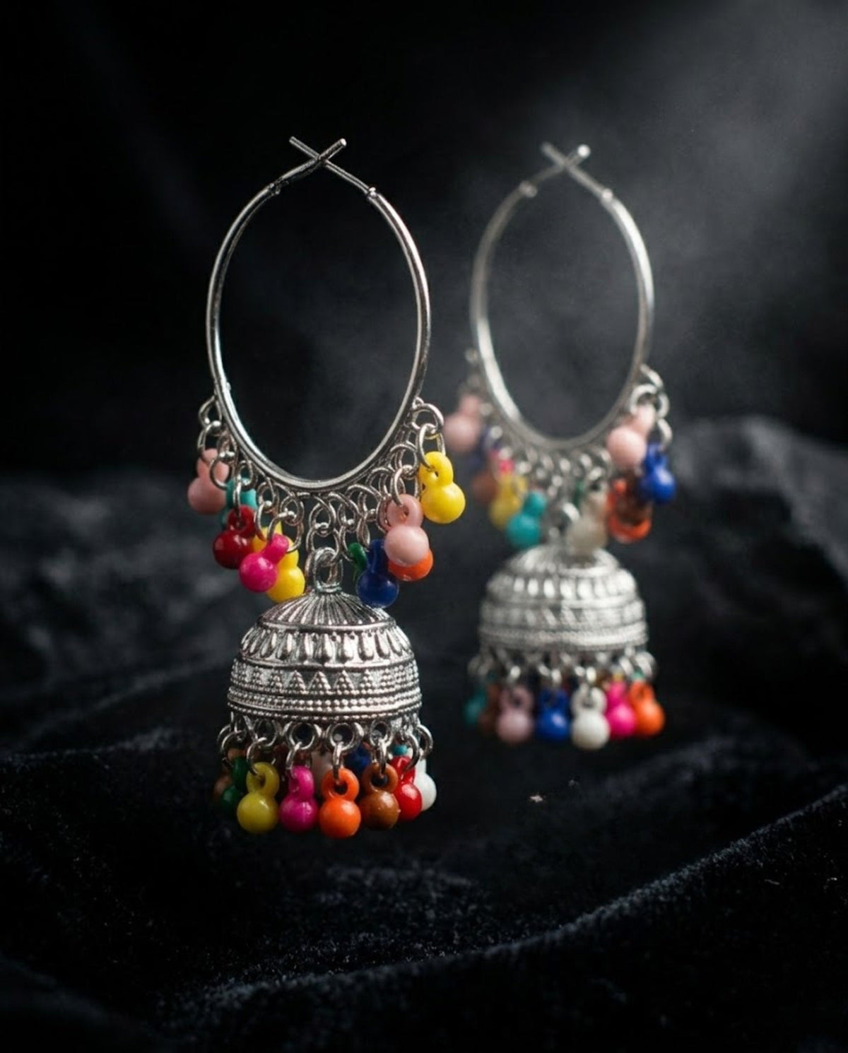 Orneza Silver Oxidized Hoop Jhumka Earrings with Beads