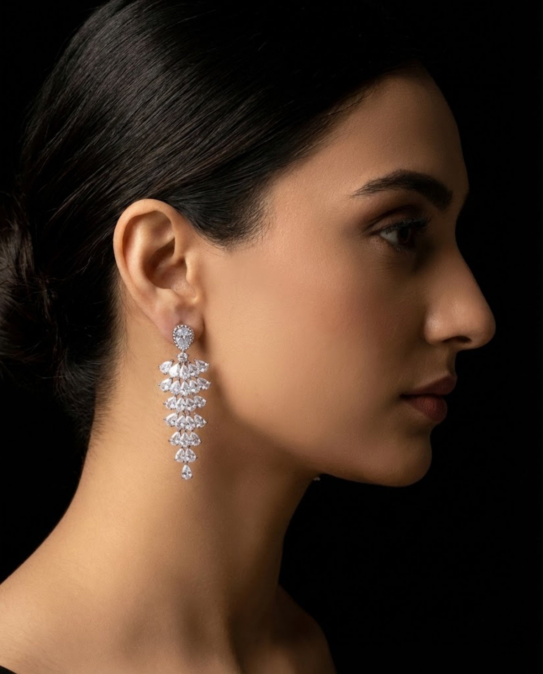 Orneza Silver Majestic Pear Drop Zirconia Chandelier Earrings