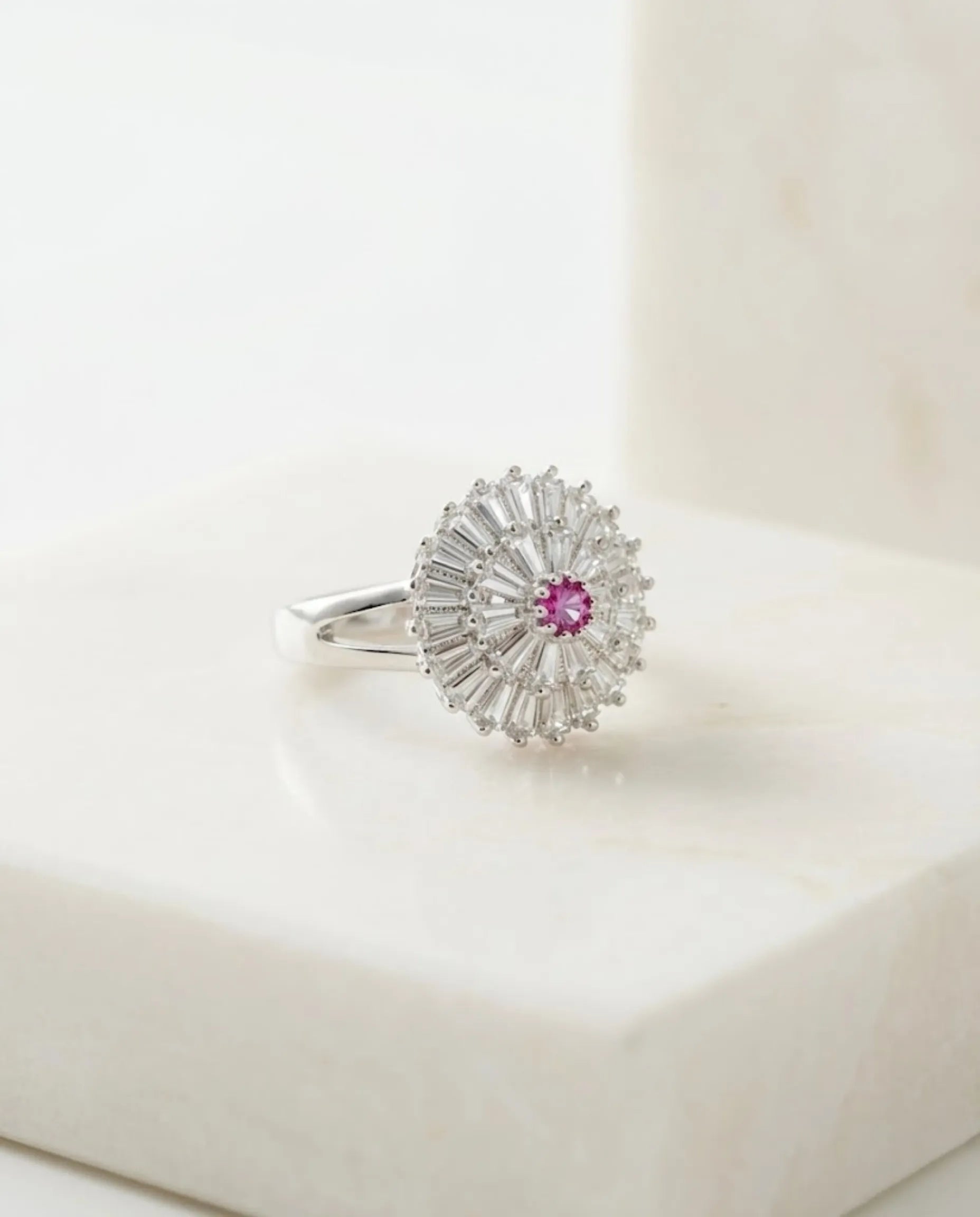 Orneza Rose Sunburst Baguette Crystal Silver Ring