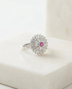 Orneza Rose Sunburst Baguette Crystal Silver Ring