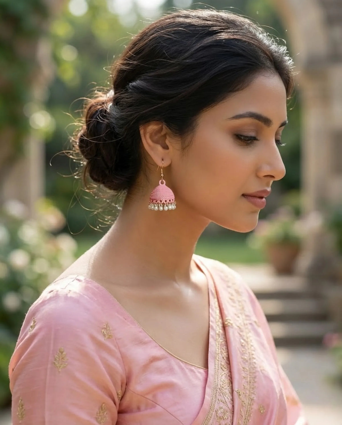 Orneza Blossom Pink Textured Jhumka Earrings with Pearls