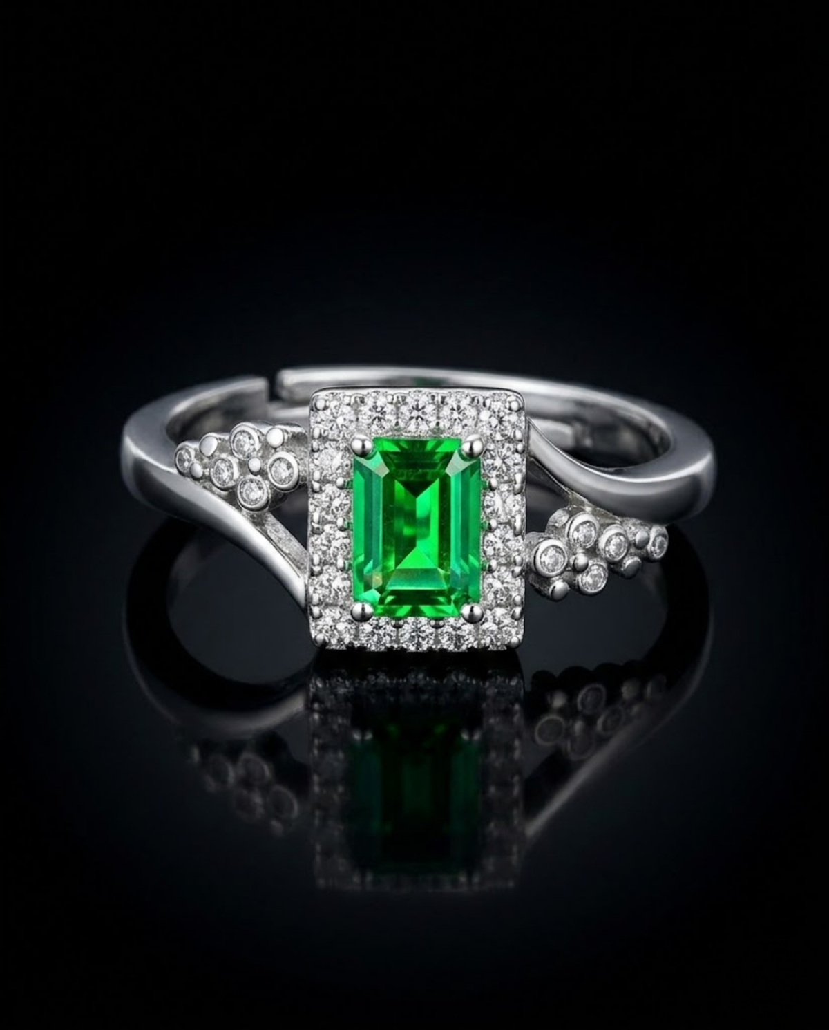 Orneza Emerald Green Zirconia Silver Halo Statement Ring