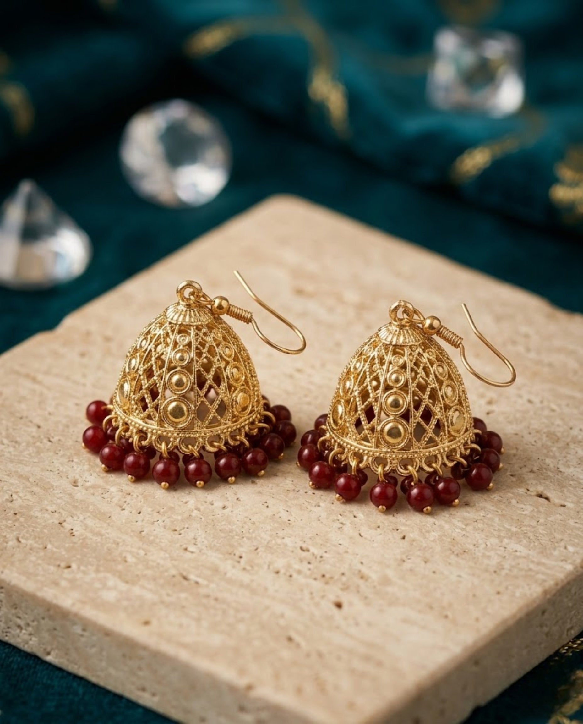 Orneza Gold Filigree Jhumka Earrings with Ruby Red Beads