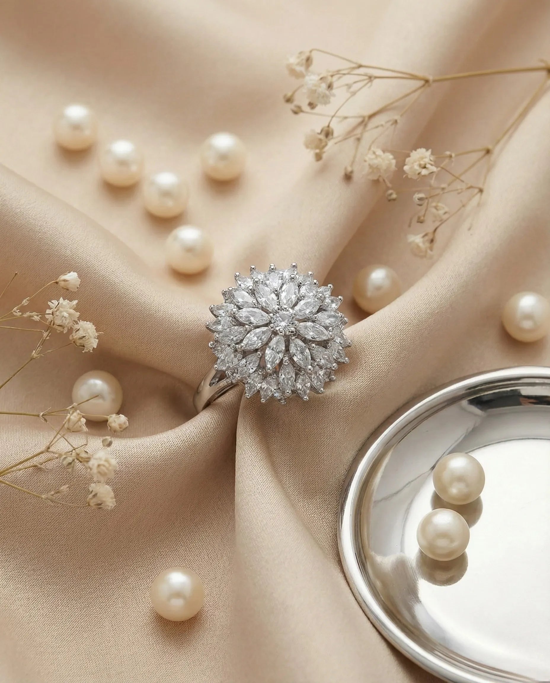 Orneza Marquise Stellar Silver Cluster Statement Ring