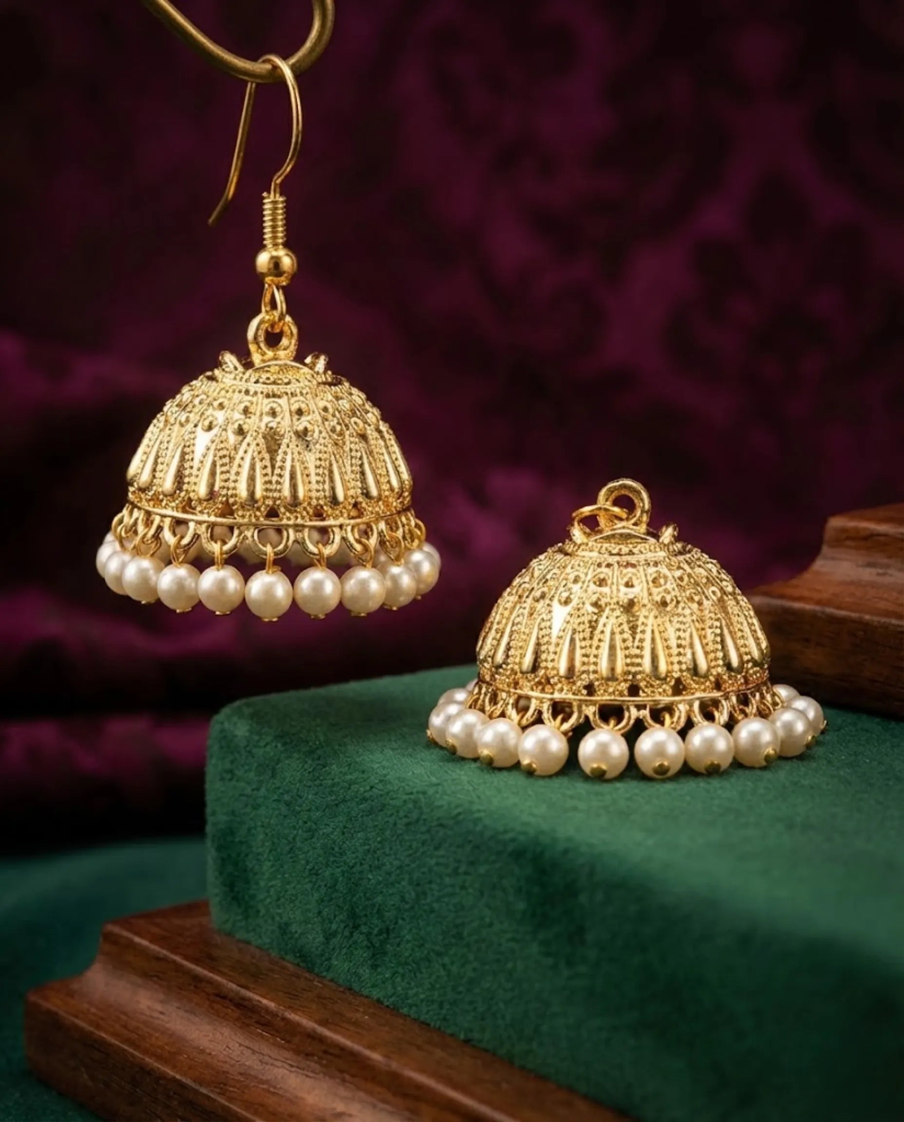 Orneza Gold Plated Square Jhumka Earrings with Ruby Drops