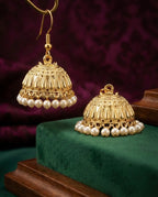 Orneza Gold Plated Square Jhumka Earrings with Ruby Drops