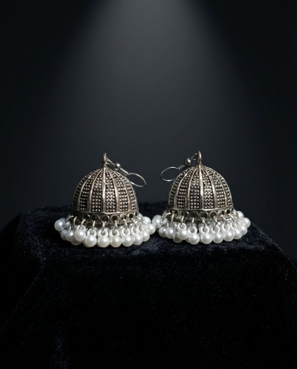 Antique Silver Pearl Jhumka Earrings by Orneza